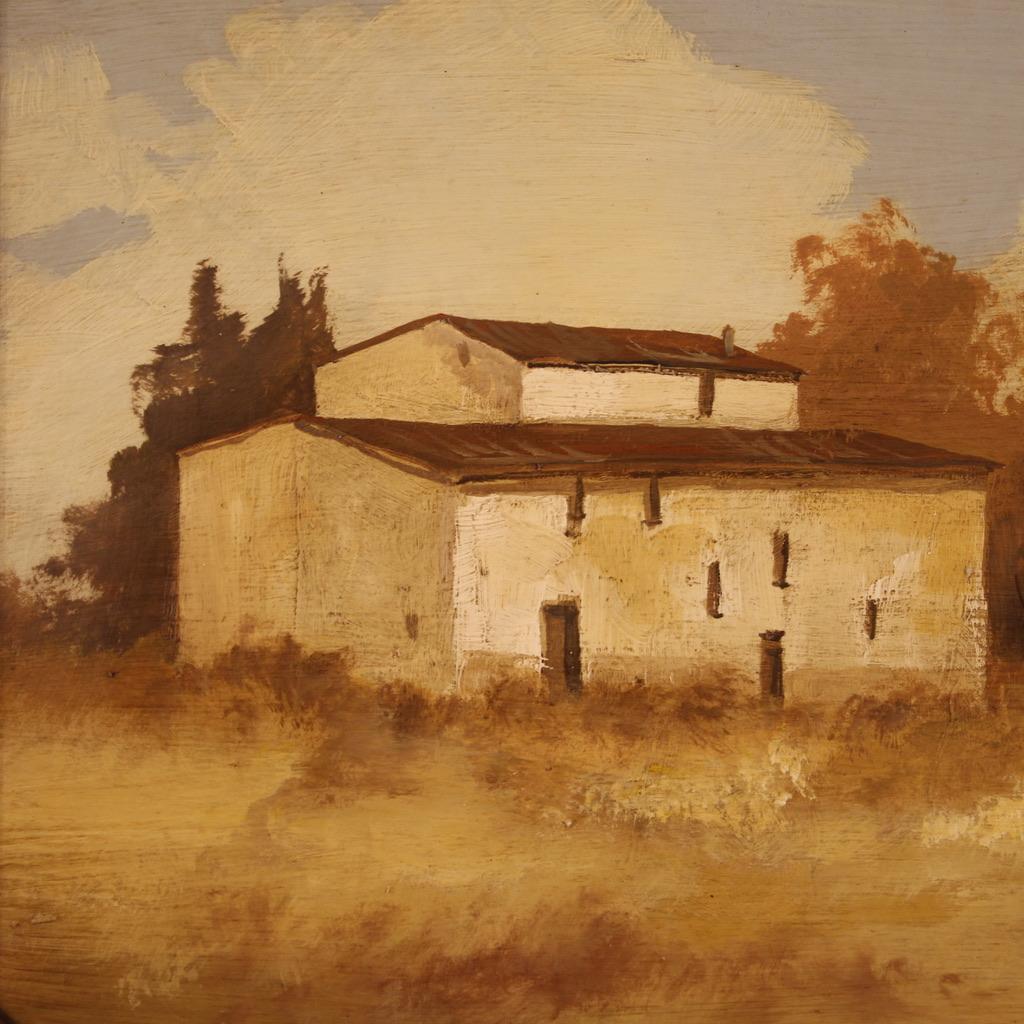 siglo XX Óleo sobre masonita Firmado Paisaje Pequeña casa Pintura italiana, 1960 en venta 4