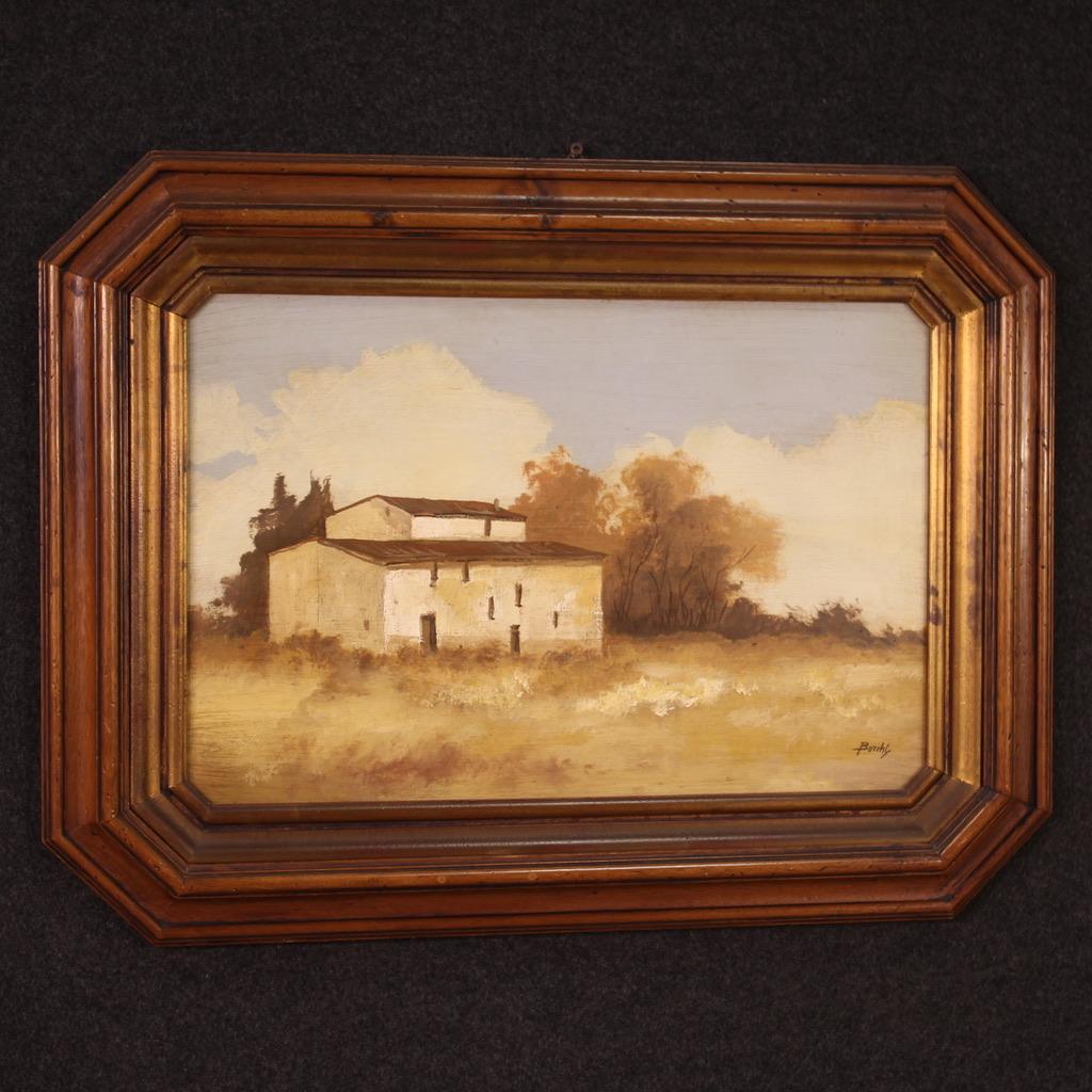 siglo XX Óleo sobre masonita Firmado Paisaje Pequeña casa Pintura italiana, 1960 en venta 5