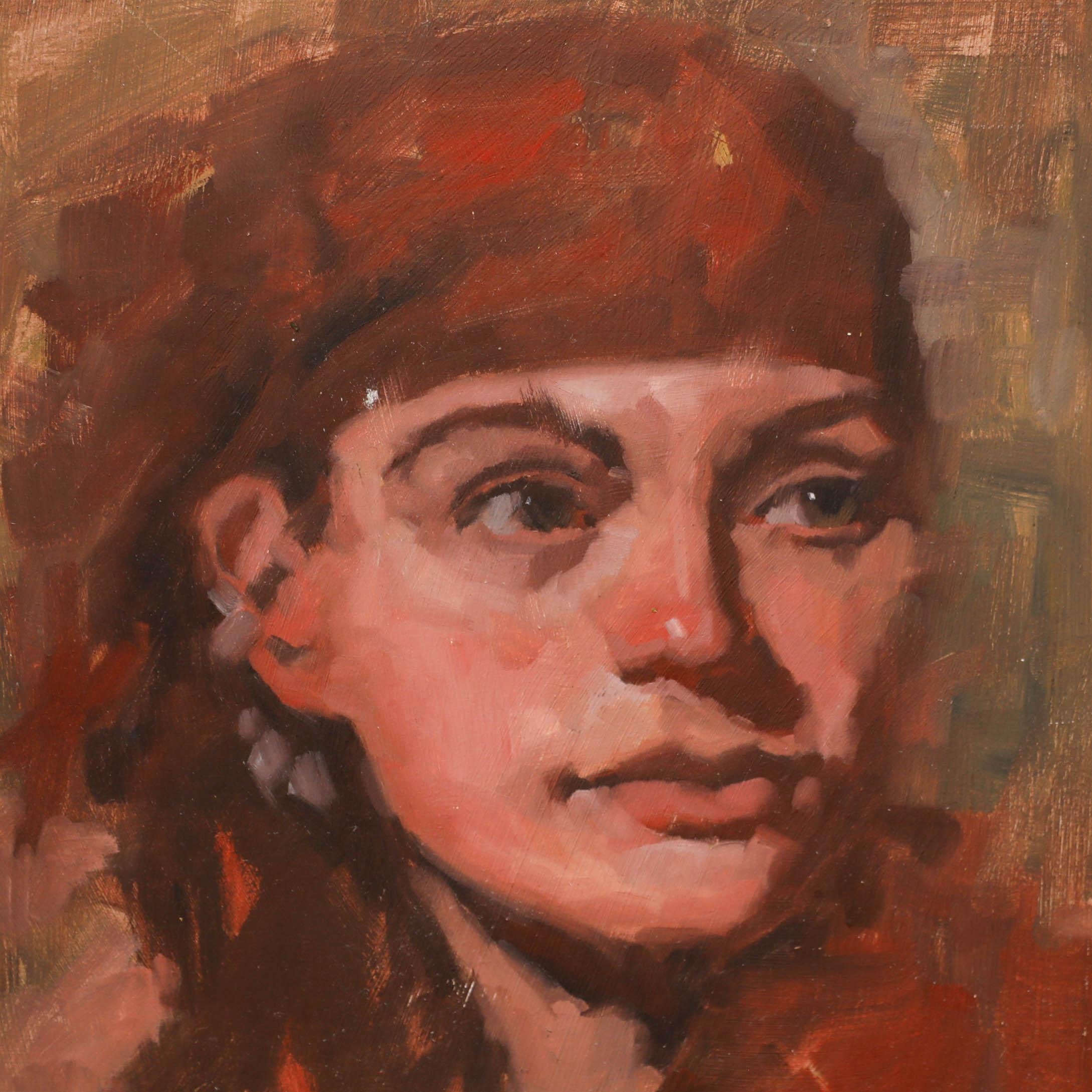A striking portrait of a gypsy girl sporting a red bandana and large earrings. Unsigned. A second oil sketch can be found on the reverse of the panel. Presented in a gilt frame with a fluted cove and lamb's tongue running pattern. On panel.