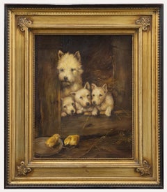 Vintage 20th Century Oil - Puppies and Chicks