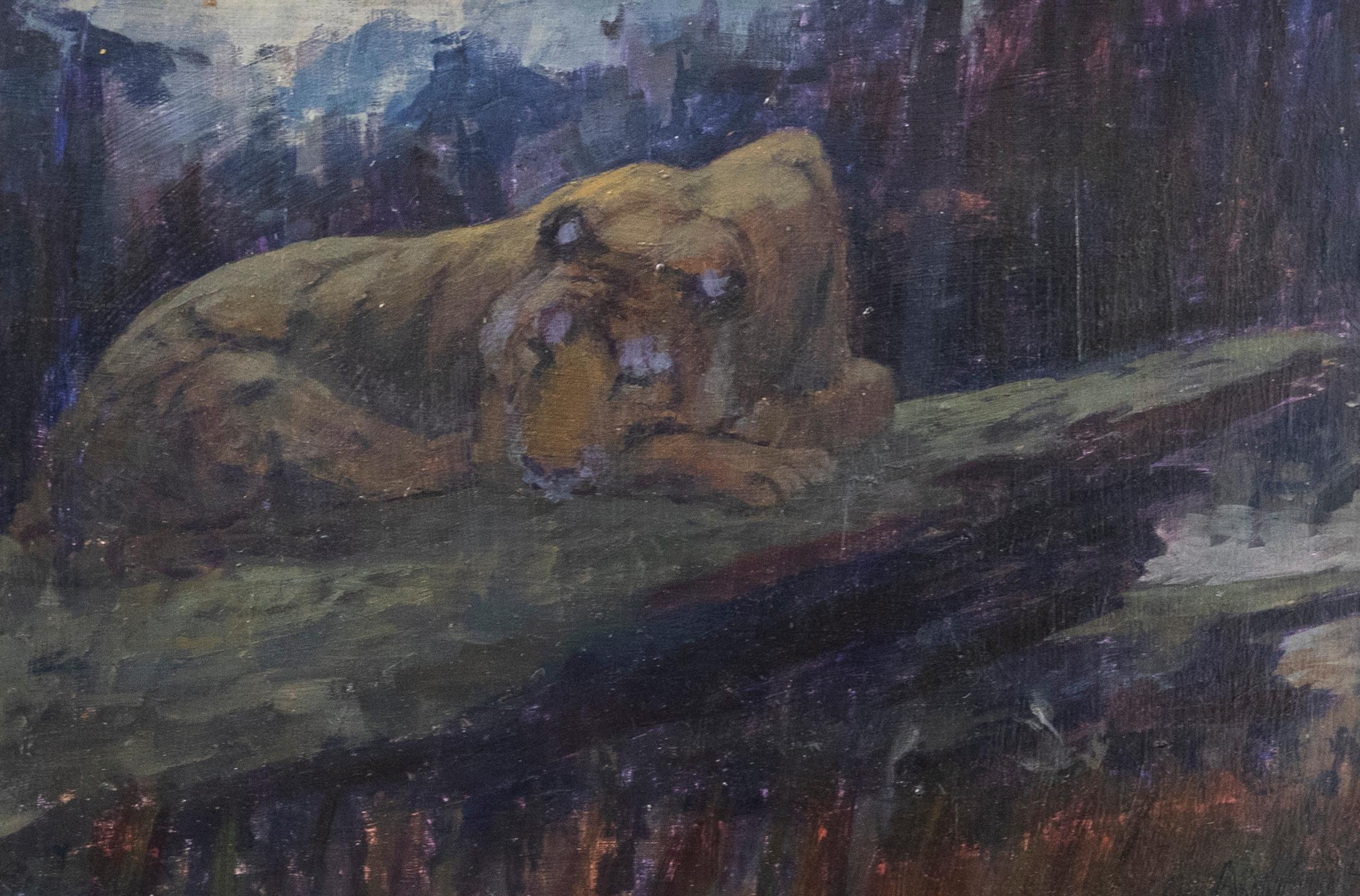 20th Century Oil - Recumbent Tiger - Painting by Unknown