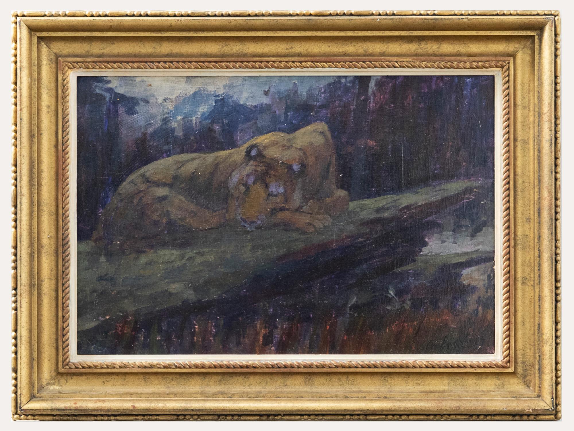 Unknown Animal Painting - 20th Century Oil - Recumbent Tiger