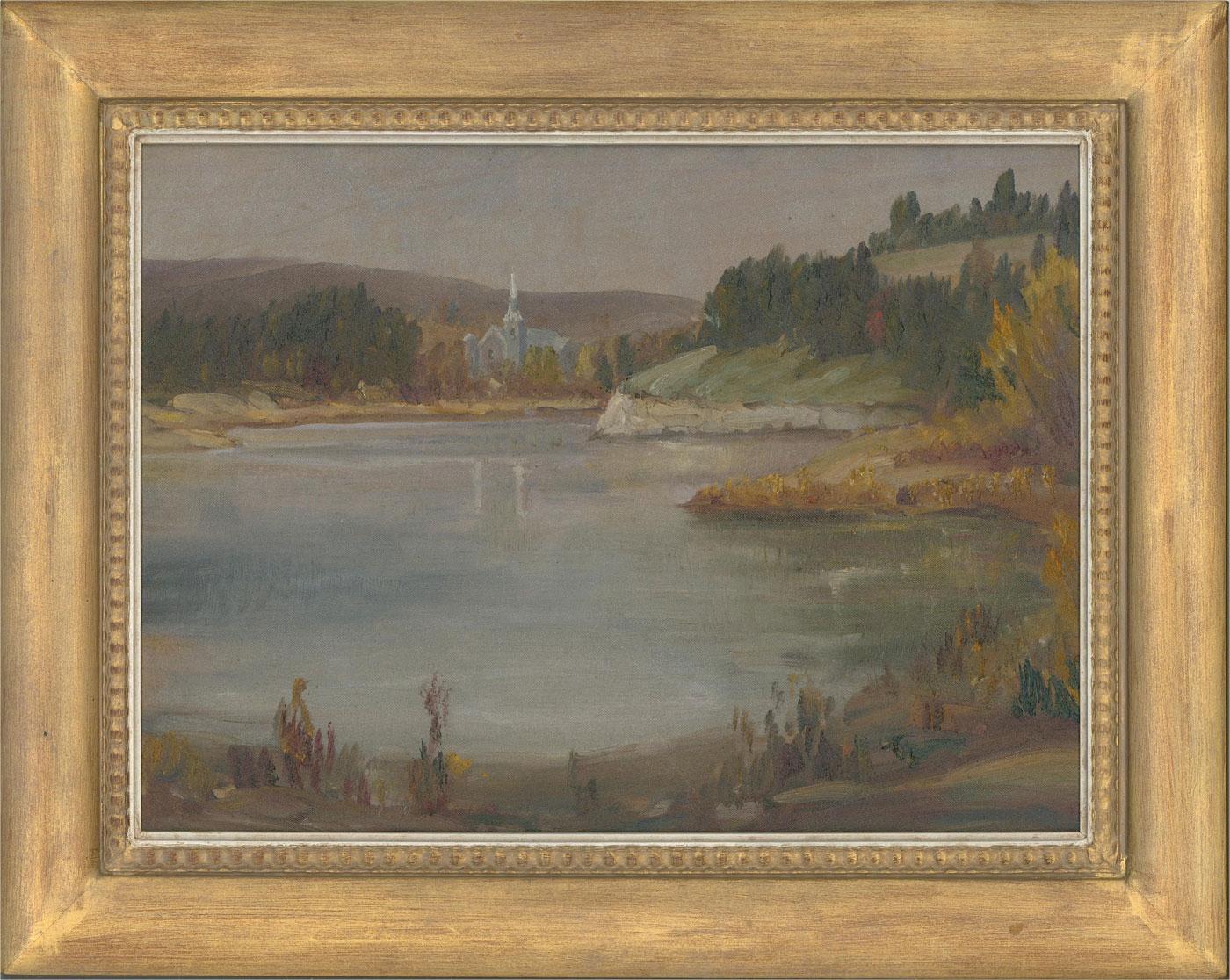 20th Century Oil - River View with Church - Painting by Unknown