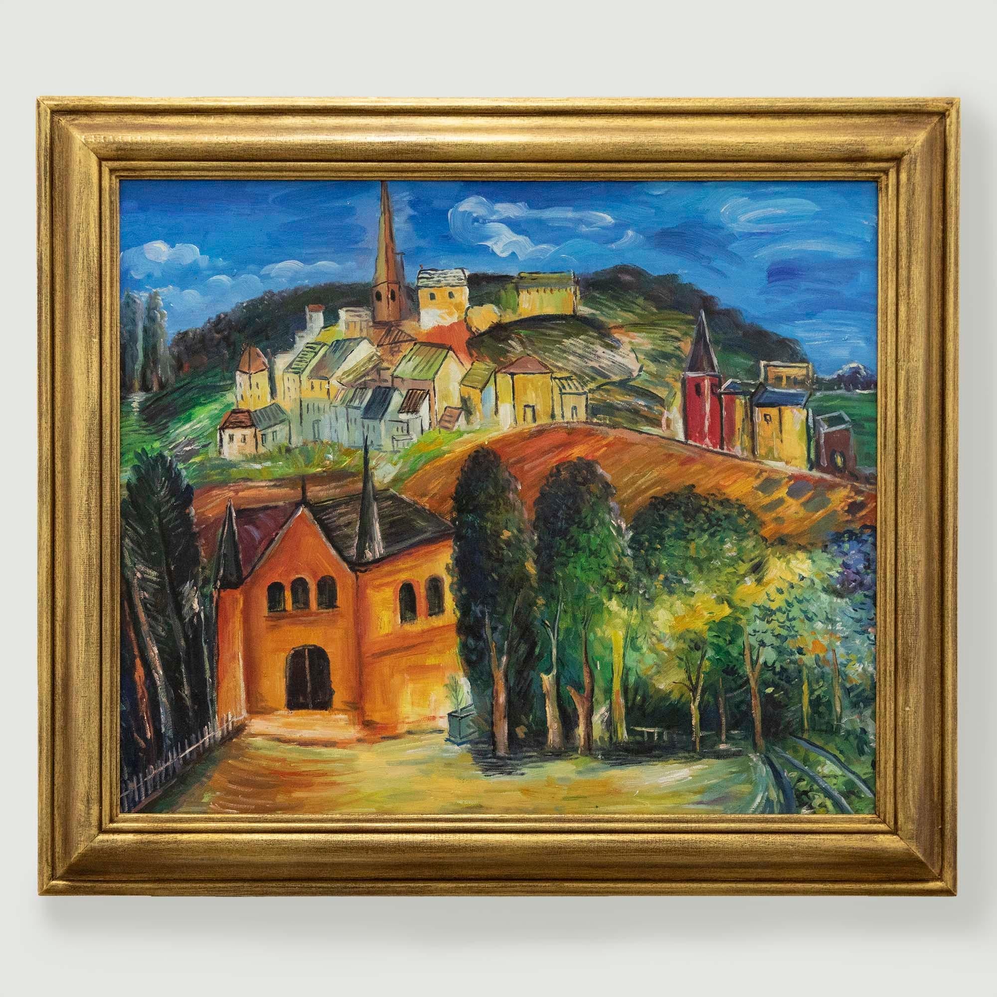 A delightfully vibrant study depicting a continental village in on a hilltop. The artist starts our viewpoint with a quaint church at the bottom of the hill and draws the eyeline to the colourful dwellings in the distance. Using expressive brushwork