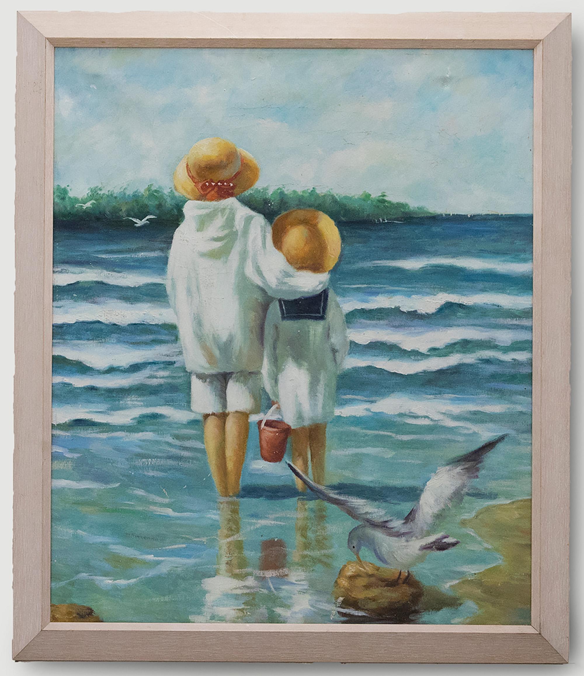 A charming study of two children, sand bucket in hand, looking out to sea in their summer bonnets. Unsigned. Presented in a light wooden frame. On board. 