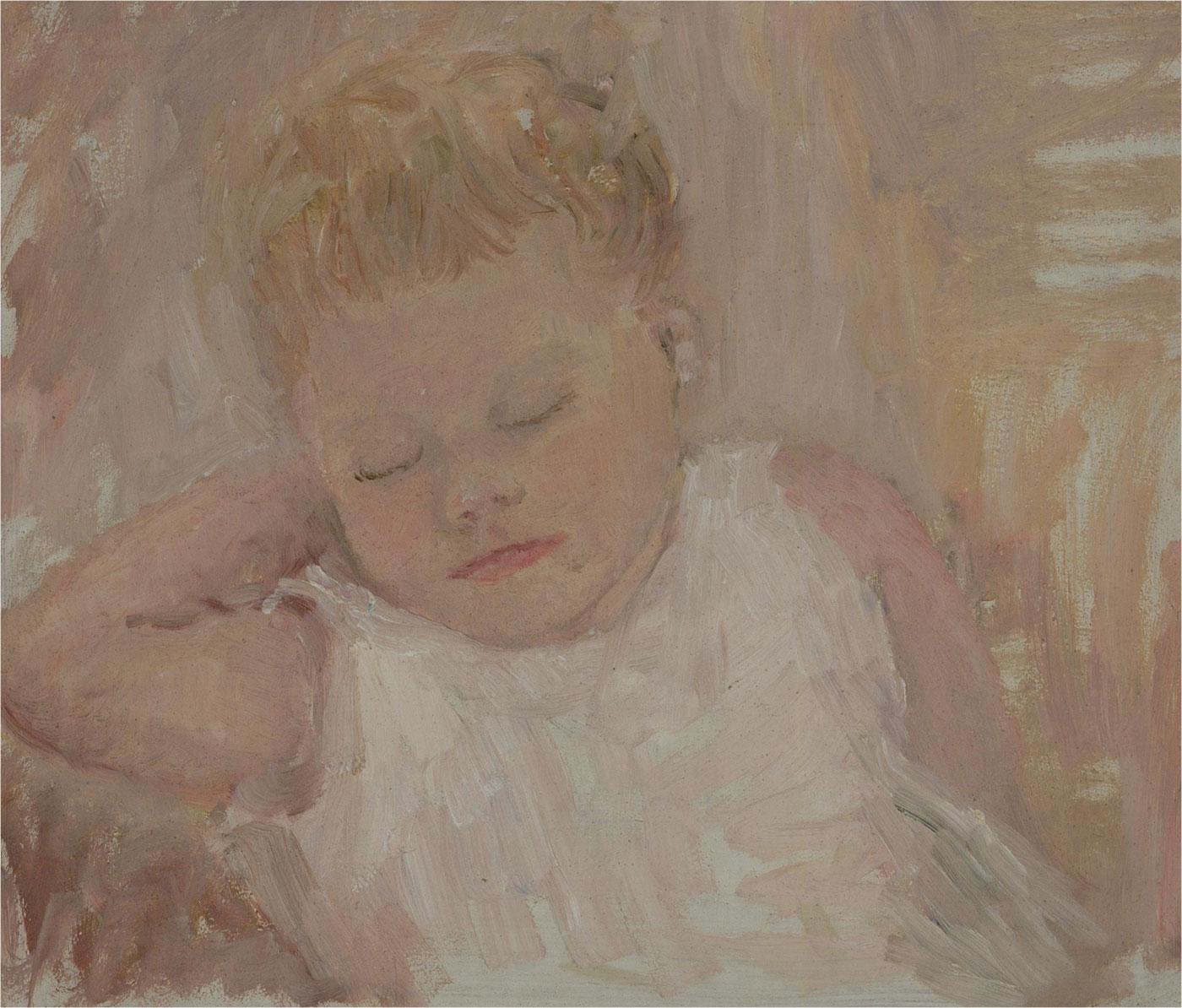 Olio del XX secolo - Bambino che dorme - Painting di Unknown