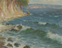 Huile du XXe siècle - Vagues ondulantes et mouette de mer