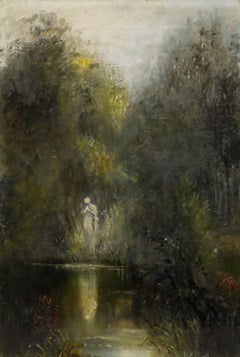 20th Century Oil - Statue by the Pond