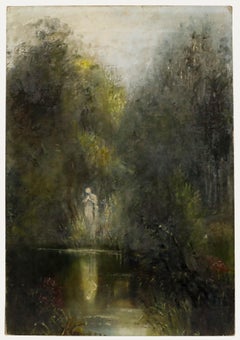 20th Century Oil - Statue by the Pond
