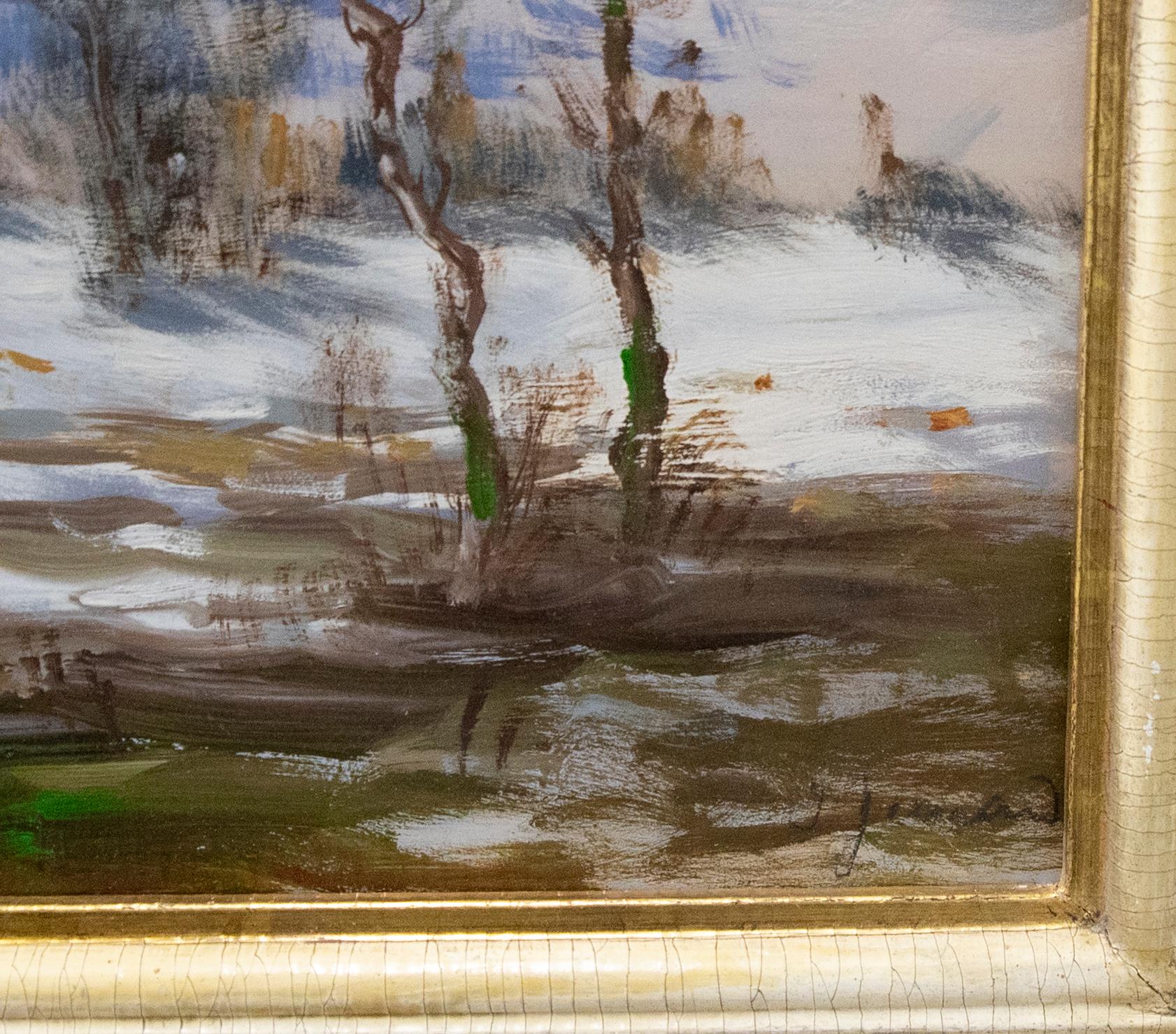 A charming winter scene depicting snow laden field in Ste. Adelle, Quebec in Canada. To the distance a farm house sits in the winter landscape surrounded by trees and looking out to distant mountains. Signed illegibly to the lower right. Presented