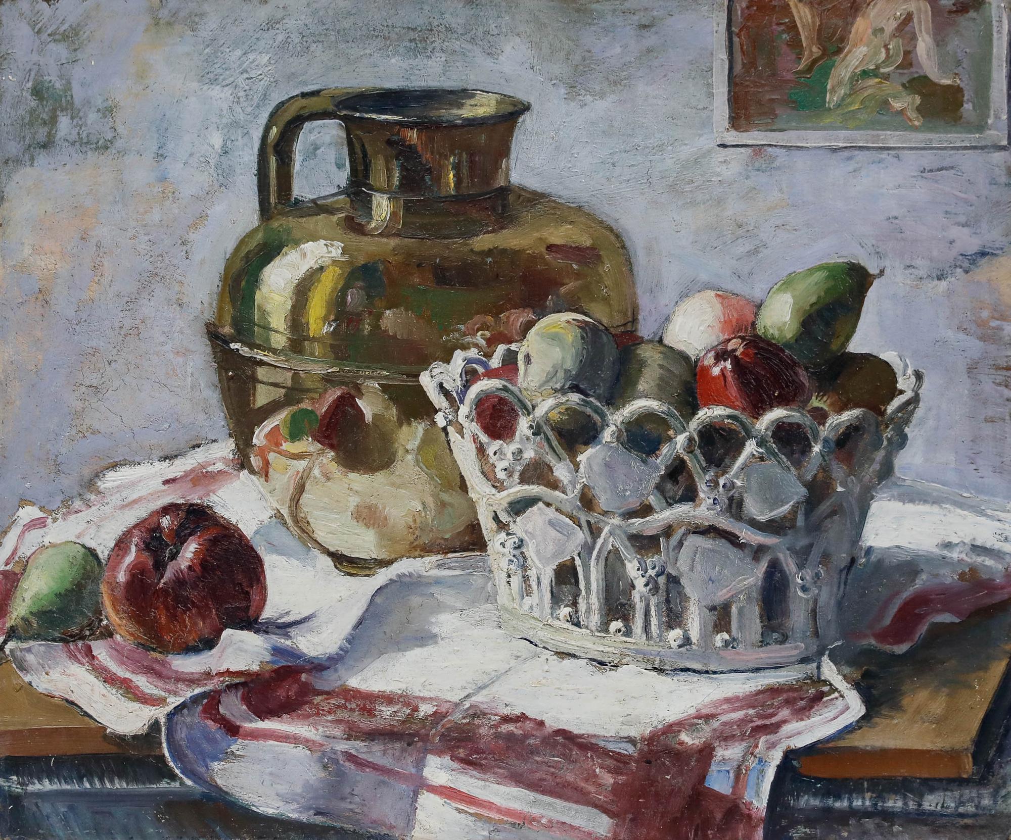 20th Century Oil - Still Life of a Jug and Fruit - Painting by Unknown