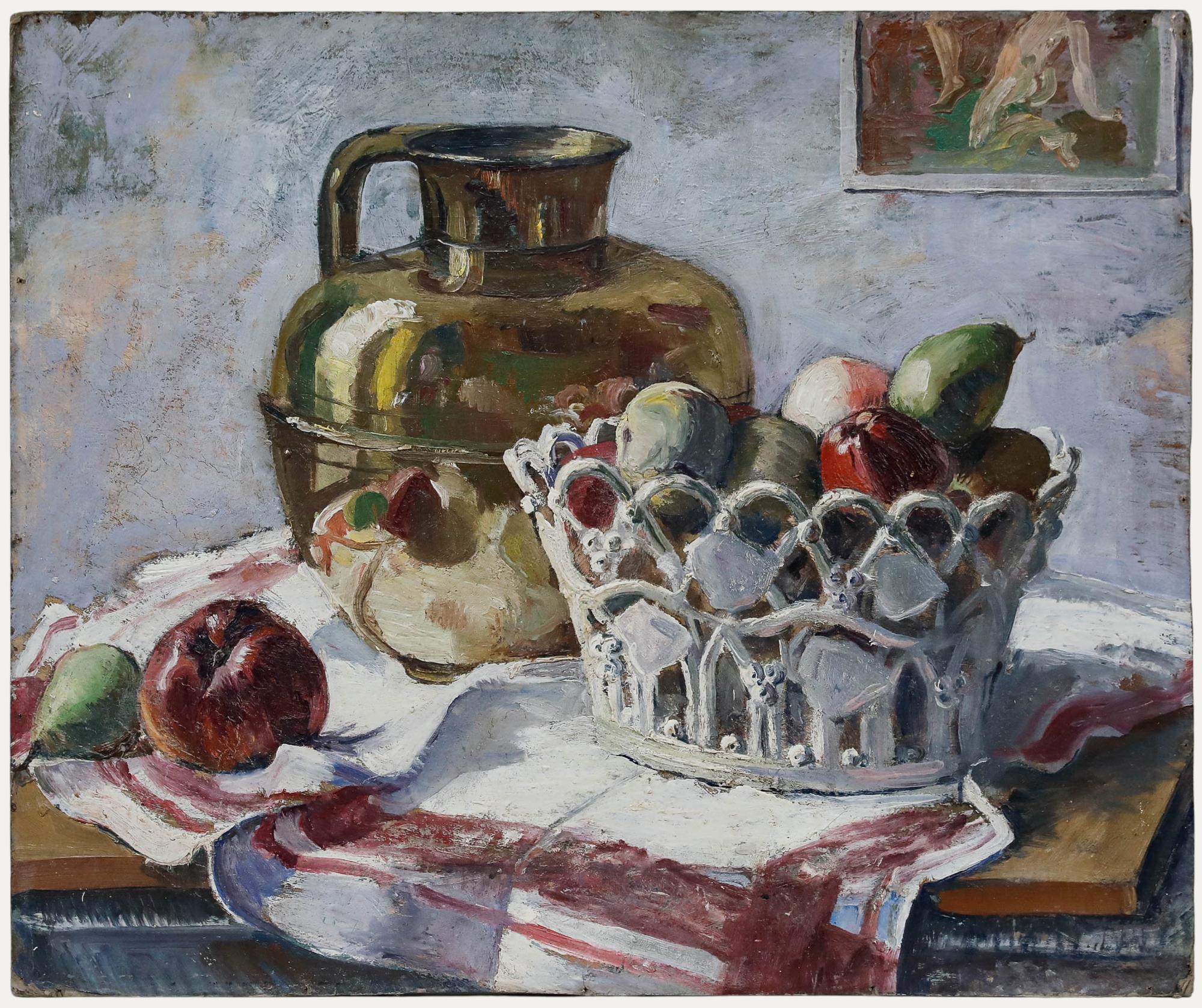 Unknown Still-Life Painting - 20th Century Oil - Still Life of a Jug and Fruit