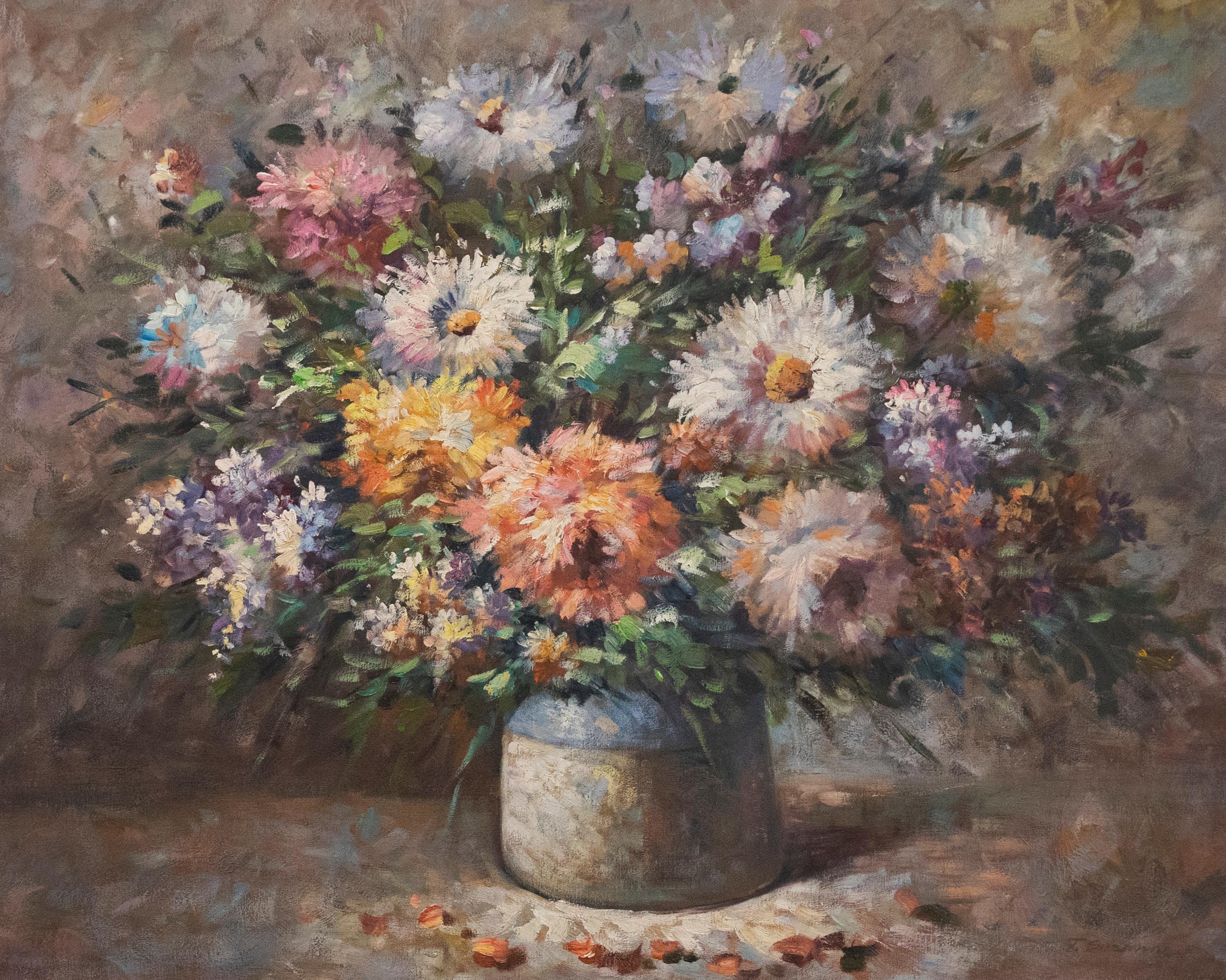 A bright and colourful oil still life of Chrysanthemums, bunched together in a short cylindrical vase. The artist has painted each flower head in the same impressionistic style with expressive brushwork. Indistinctly signed. On canvas on stretchers. 
