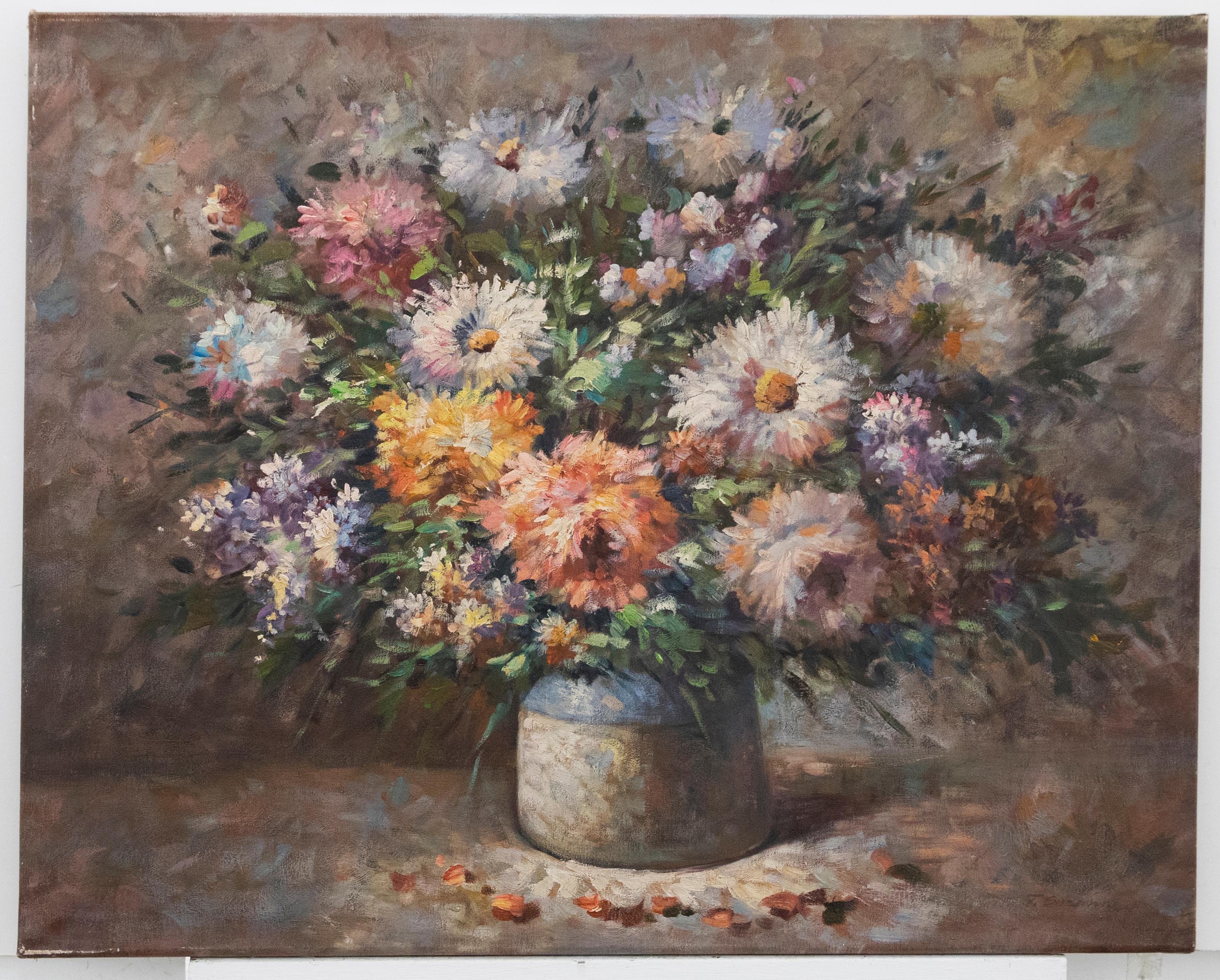 20th Century Oil - Still Life of Chrysanthemums For Sale 1