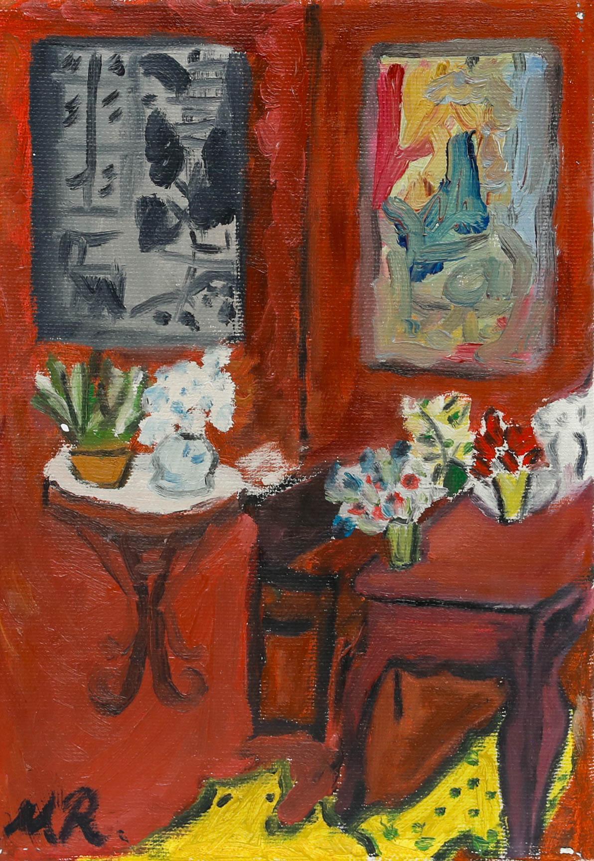 Ölgemälde des 20. Jahrhunderts – Stillleben mit Blumen auf einem Tisch – Painting von Unknown