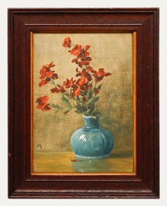 20th Century Oil - Still Life of Red Wallflowers in a Blue Vase