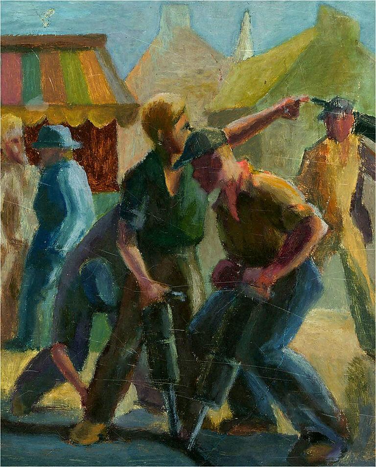 20th Century Oil - Street Scene with Construction Workers - Painting by Unknown