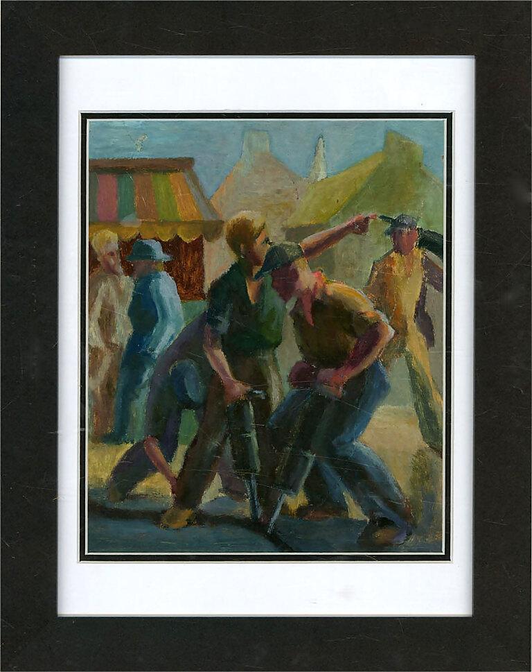 A vibrant and engaging oil painting, depicting a street scene with construction workers as the main subject and other figures in the background. In a style reminiscent of the Camden Town Group, the artist created a highly expressive and