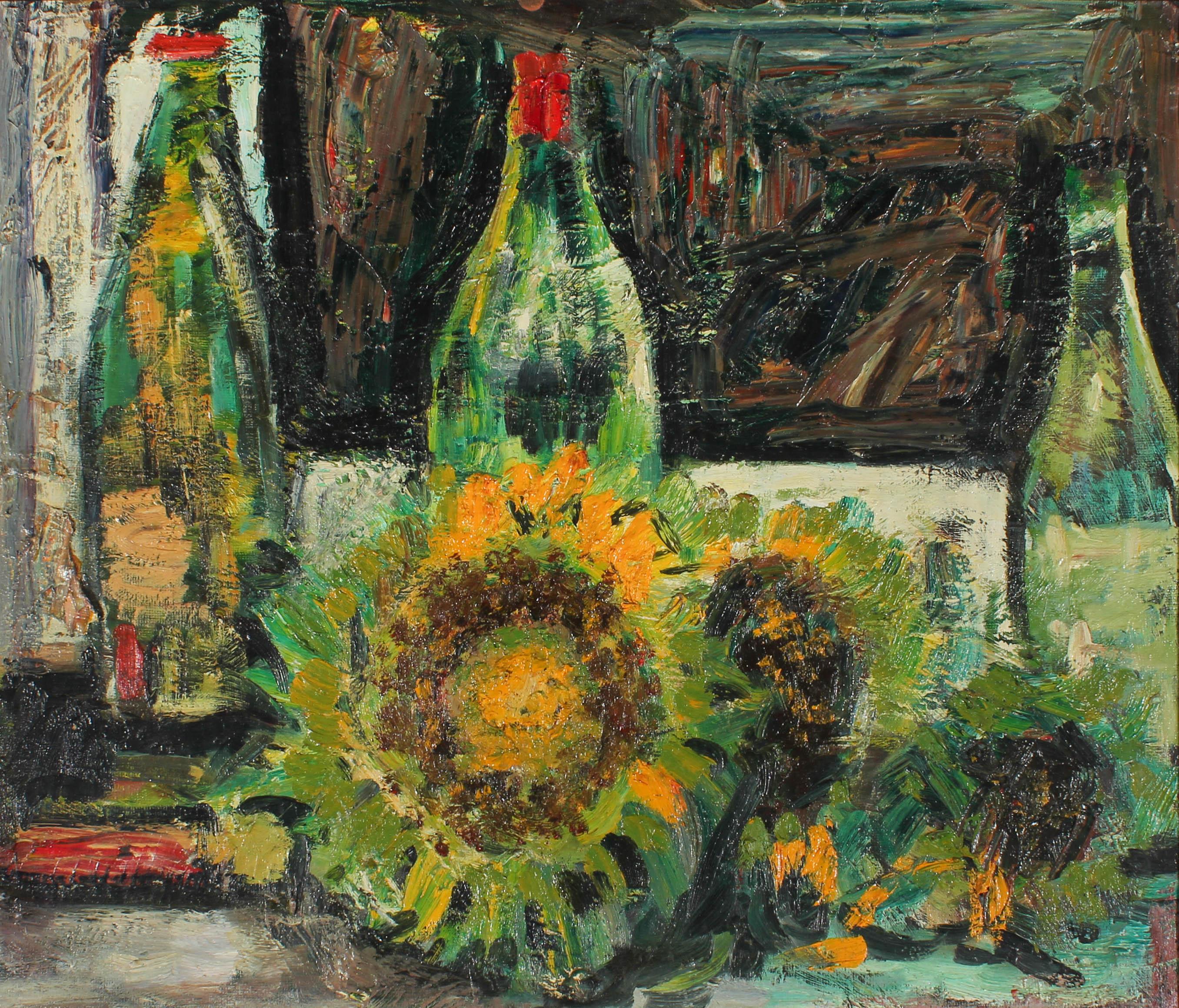 This expressive still life study depicts a still life composition of glass bottles and sunflowers on a table. The artist uses a bright colour palette and sweeping, gestural brush strokes to create movement within the piece. The style shows some