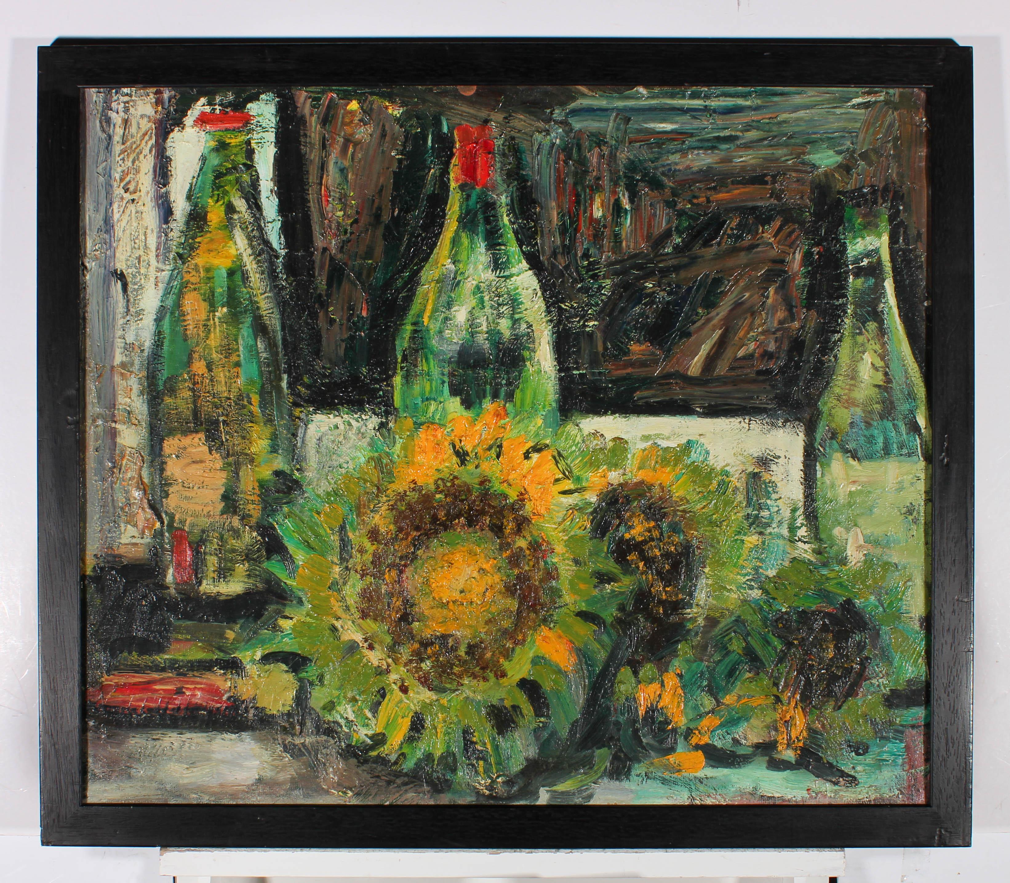 20th Century Oil - Sunflowers and Bottles For Sale 1