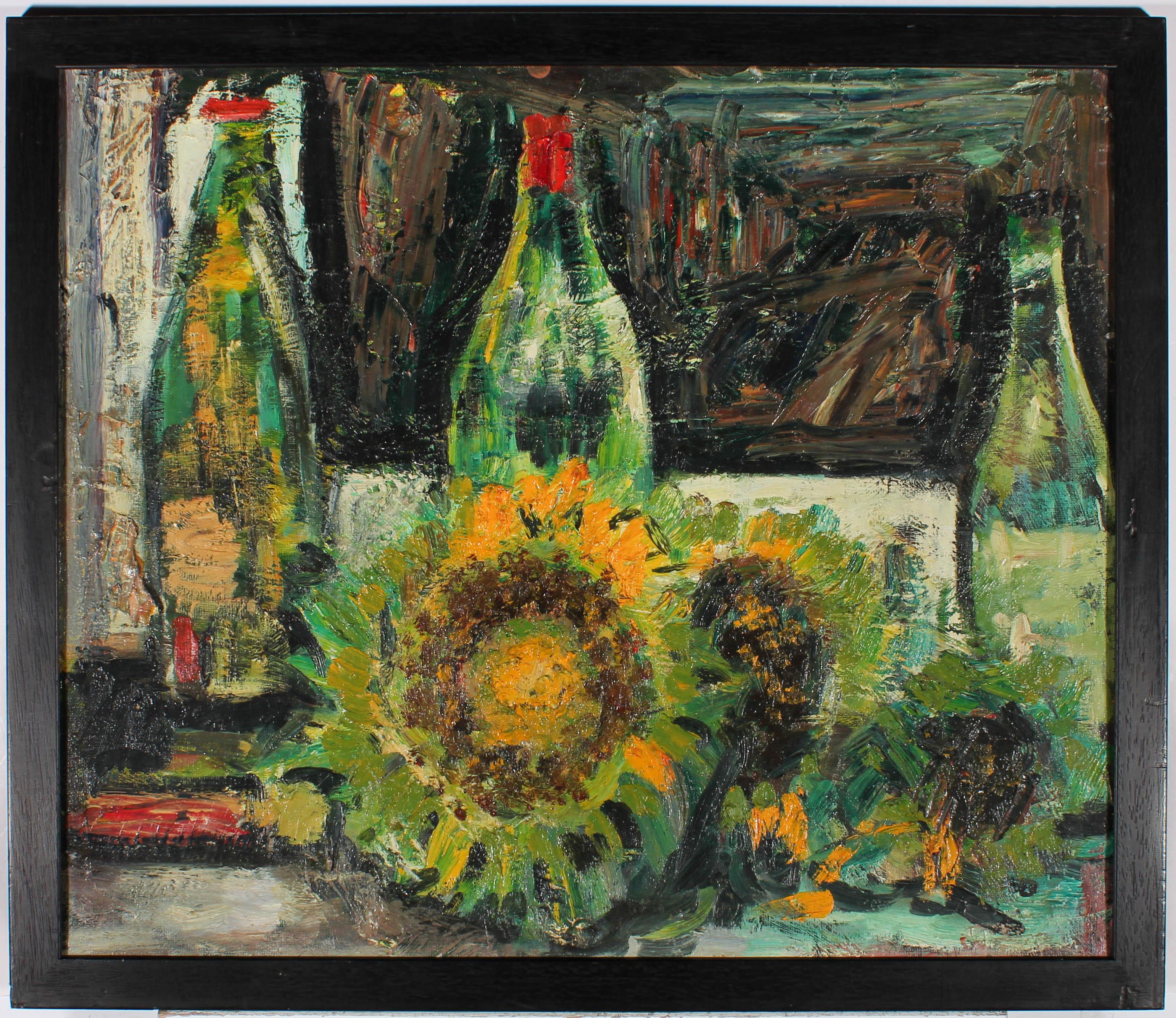 Unknown Still-Life Painting - 20th Century Oil - Sunflowers and Bottles