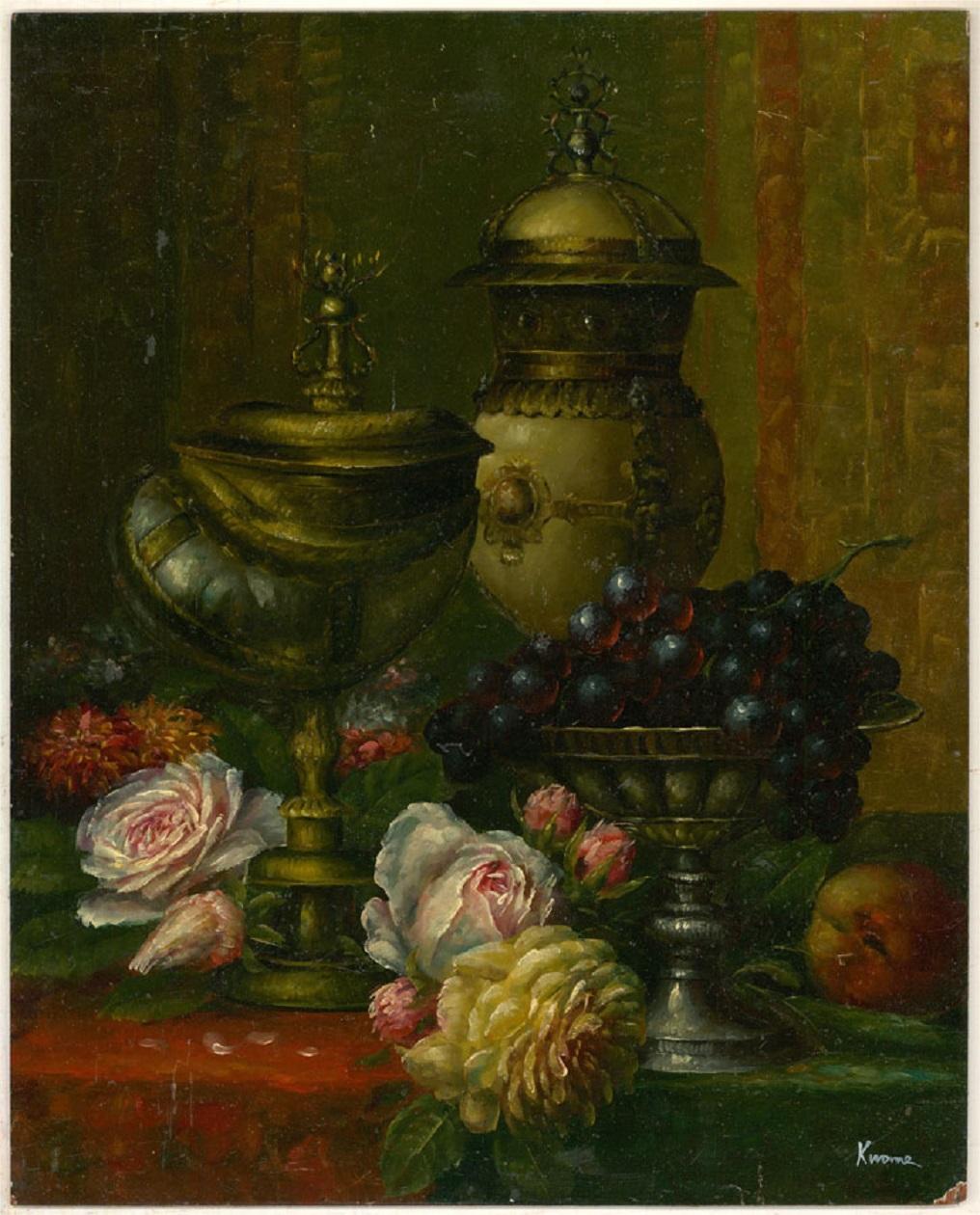 20th Century Oil - Table with Roses and Grapes - Painting by Unknown