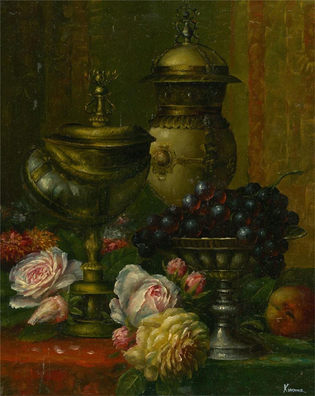 Unknown Still-Life Painting - 20th Century Oil - Table with Roses and Grapes