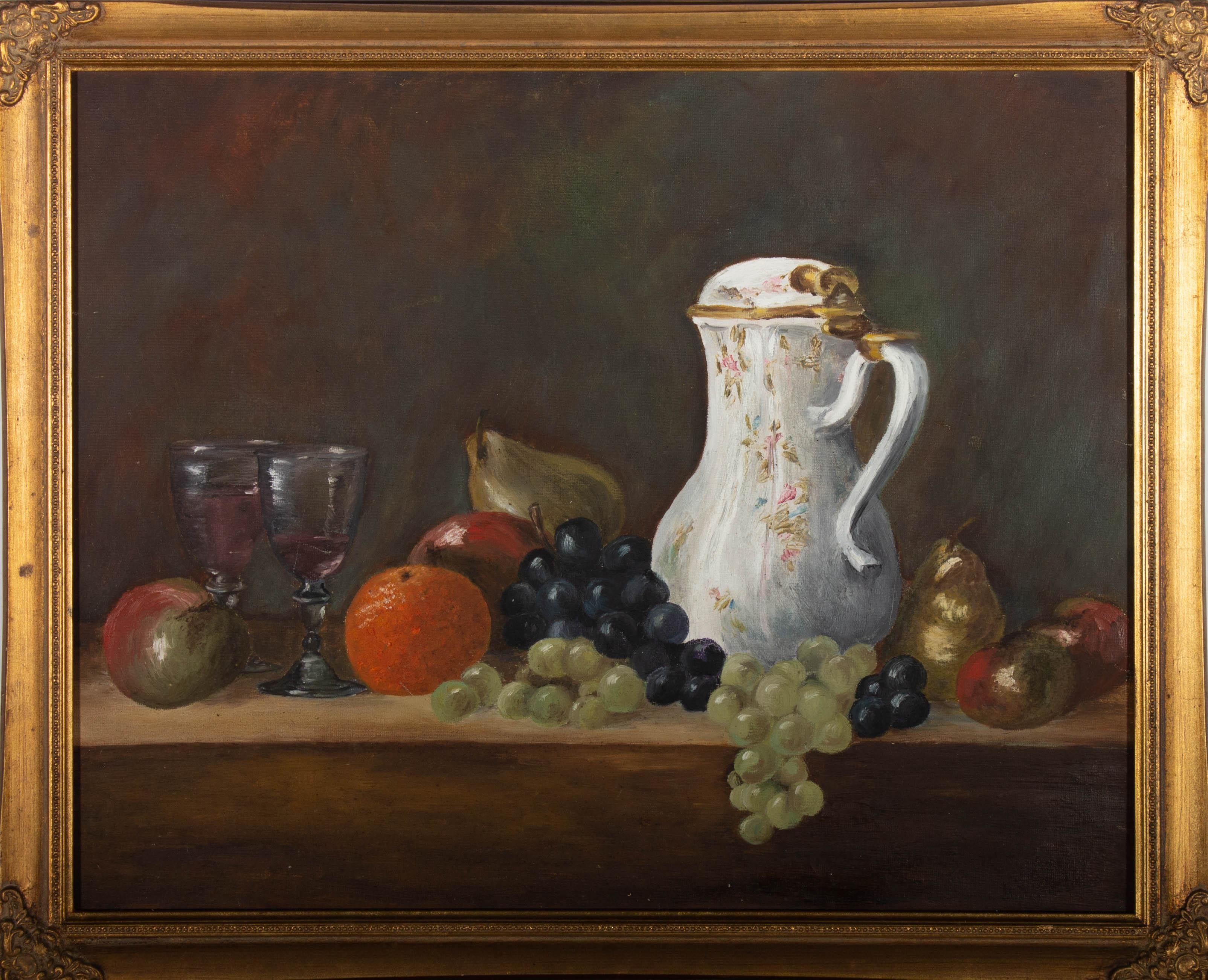 20th Century Oil - Table with Wine and Fruit - Painting by Unknown