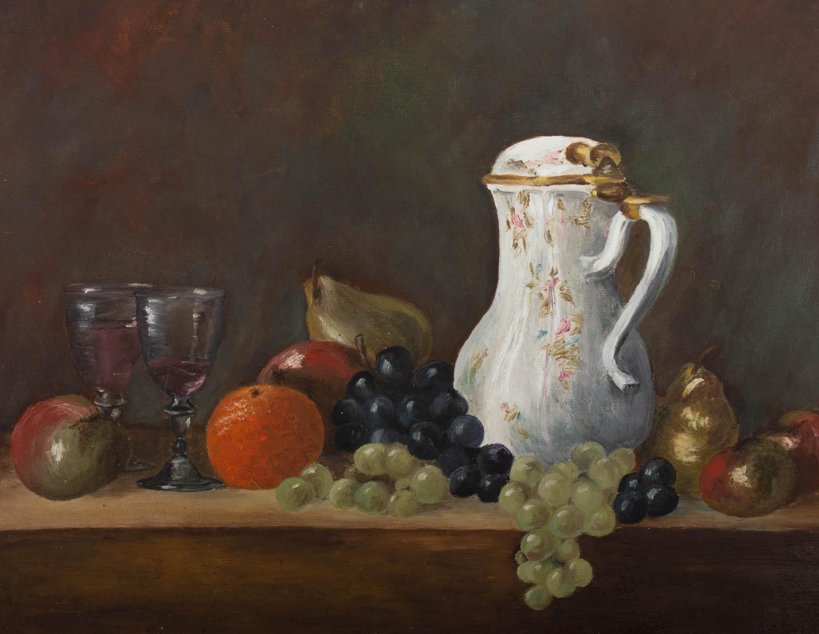 Öl-Tisch des 20. Jahrhunderts mit Wein und Obst (Schwarz), Still-Life Painting, von Unknown