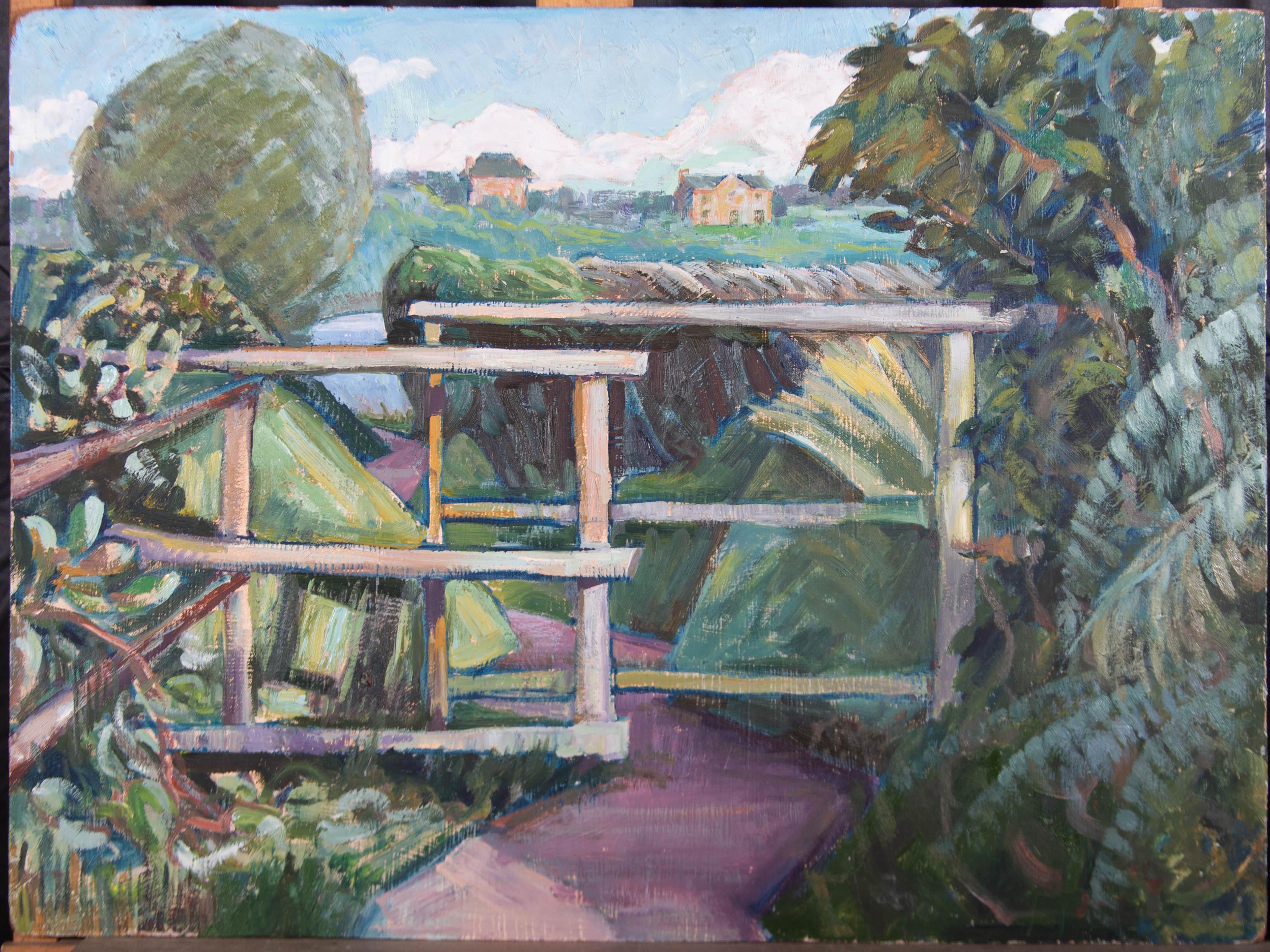 Olio del XX secolo - Il sentiero di campagna - Landscape Painting Grigio di Unknown