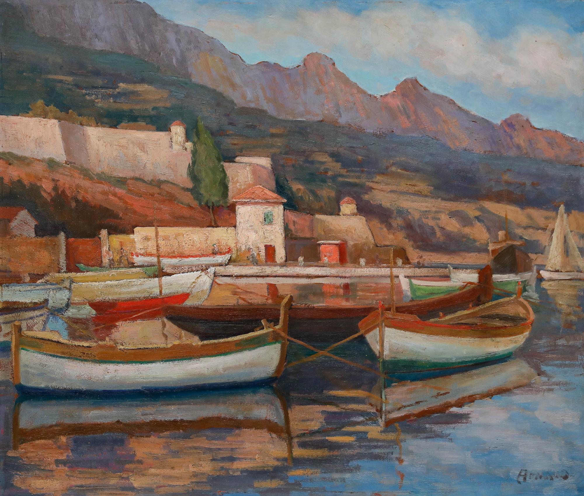 20th Century Oil - The Docks at Dusk - Painting by Unknown