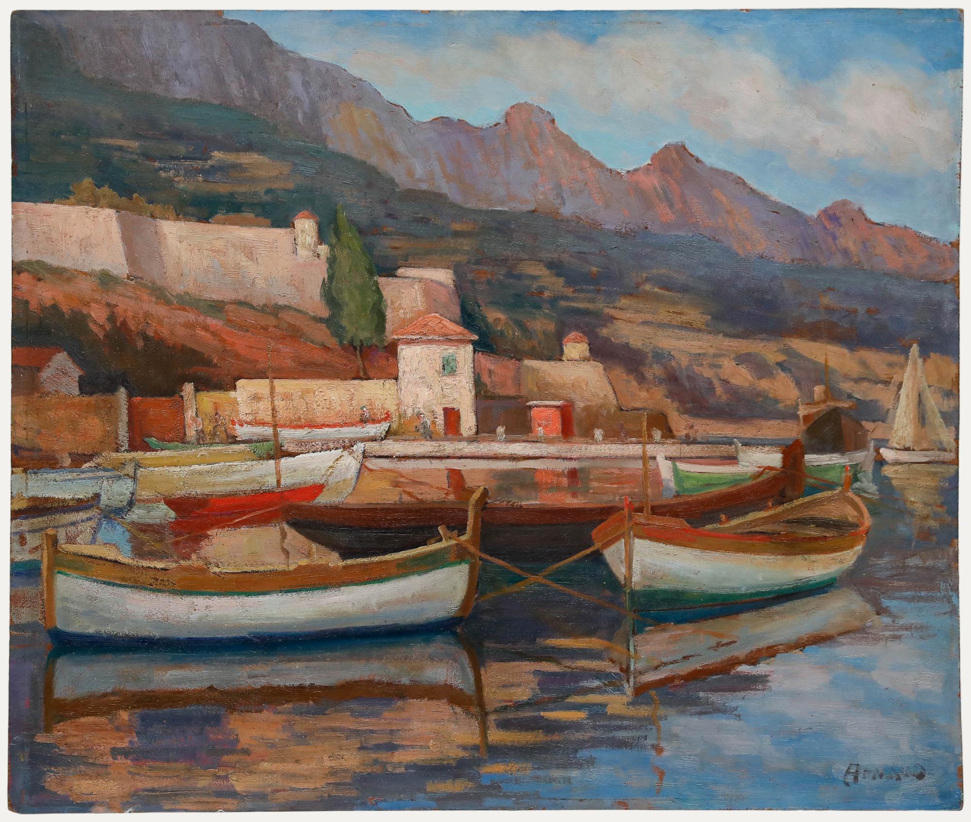 Unknown Landscape Painting - 20th Century Oil - The Docks at Dusk