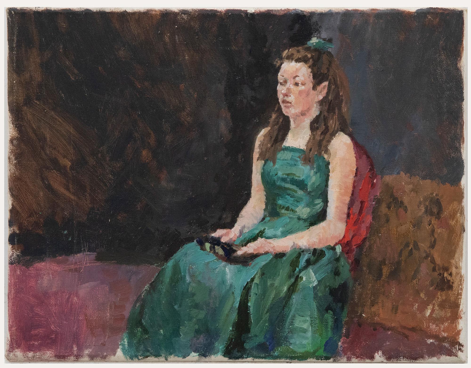 20th Century Oil - The Emerald Green Dress - Painting by Unknown