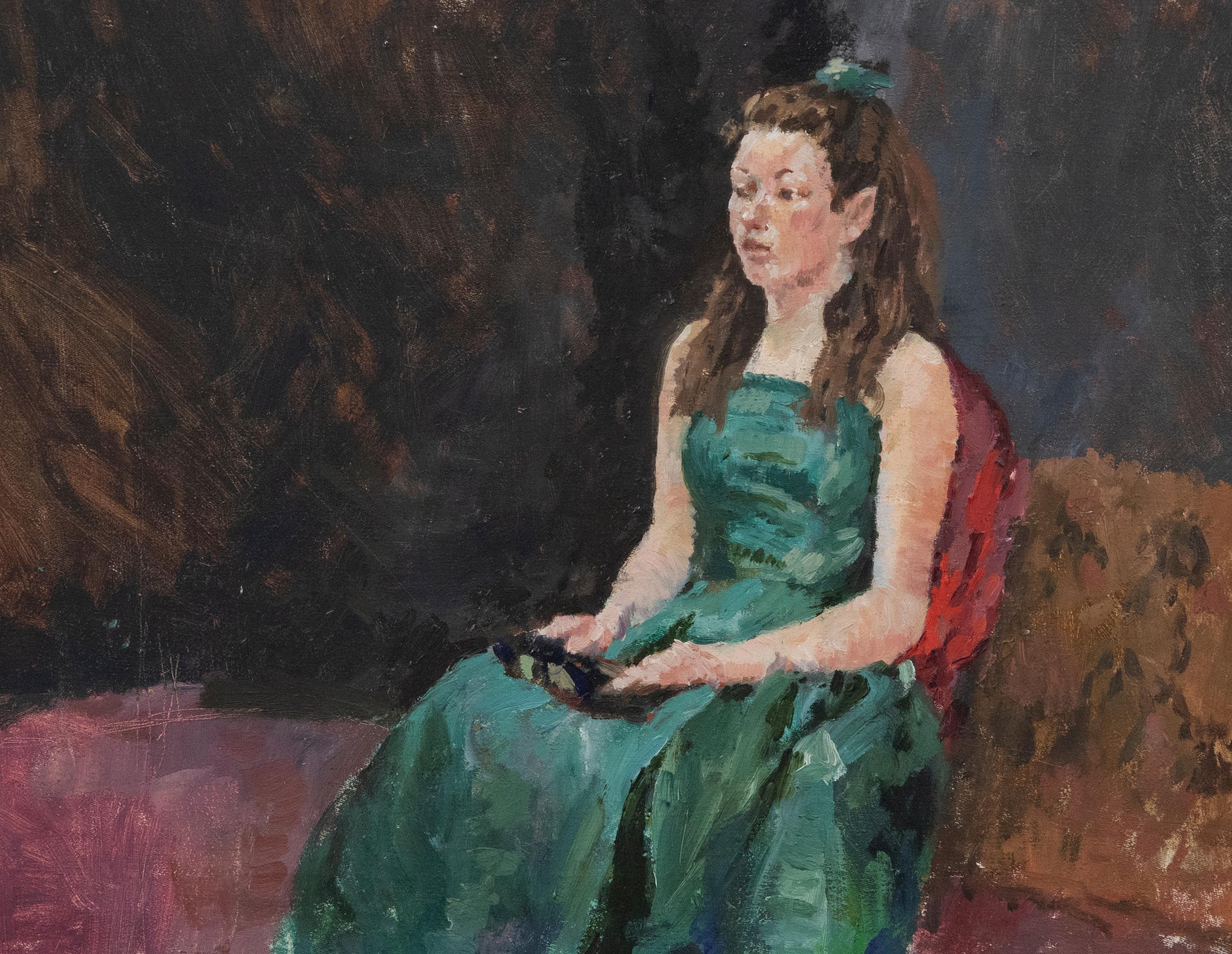 Unknown Portrait Painting - 20th Century Oil - The Emerald Green Dress