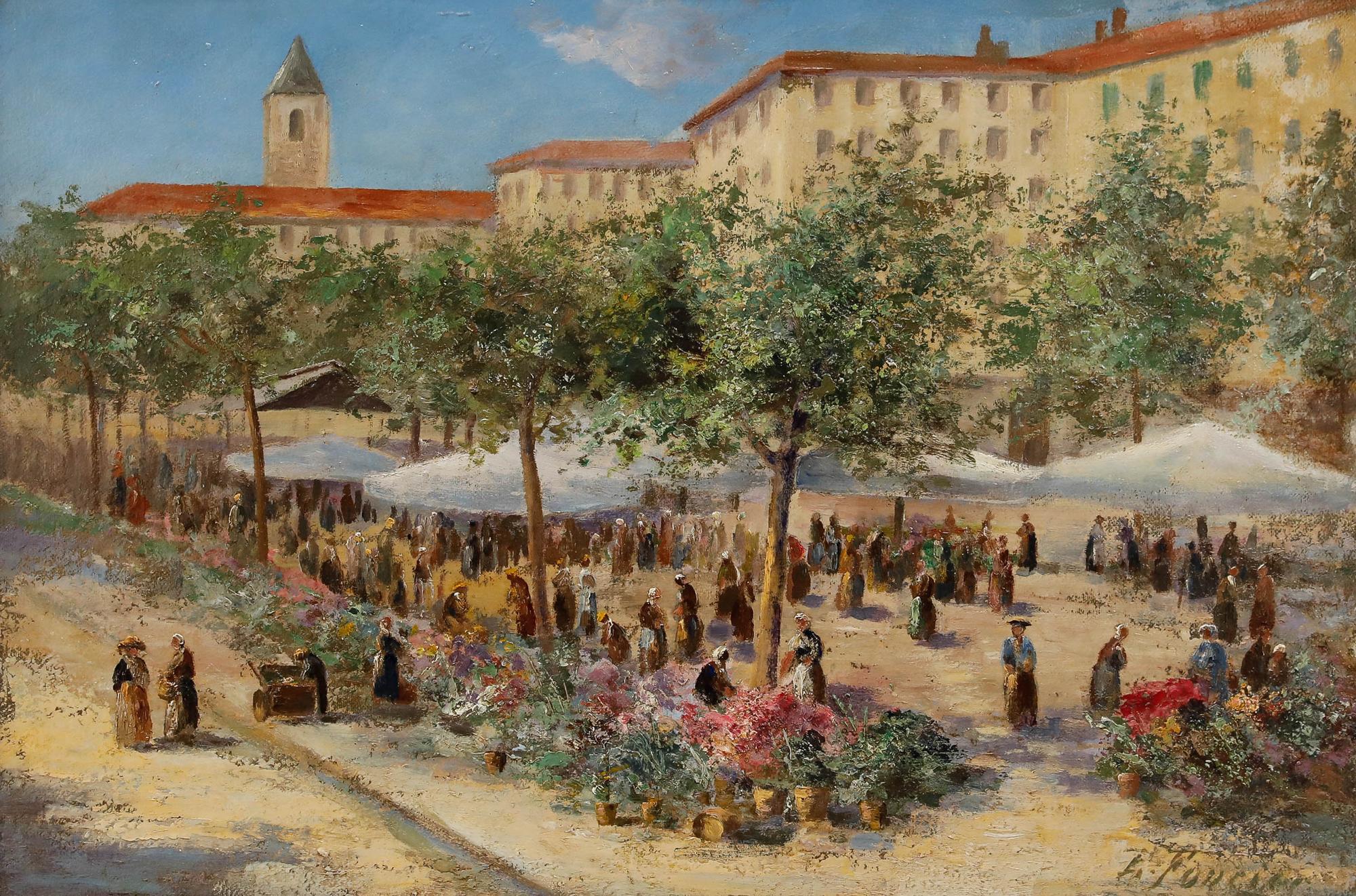 Öl des 20. Jahrhunderts - Der Blumenmarkt, Nizza – Painting von Unknown