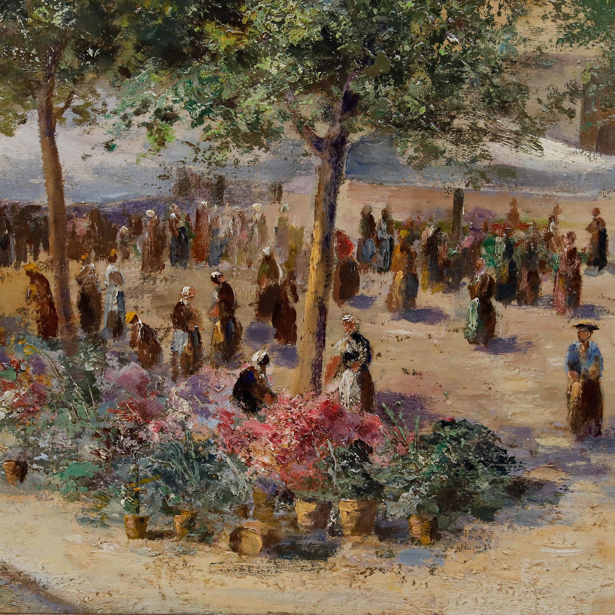 Eine reizvolle Studie über einen Blumenmarkt in Nizza, Frankreich. Bei strahlendem Sonnenschein wimmelt es auf dem Platz nur so von Menschen und Blumen, und der Künstler verwendet Flächen aus Spachtelmasse, um die großen Blütenschwaden zu