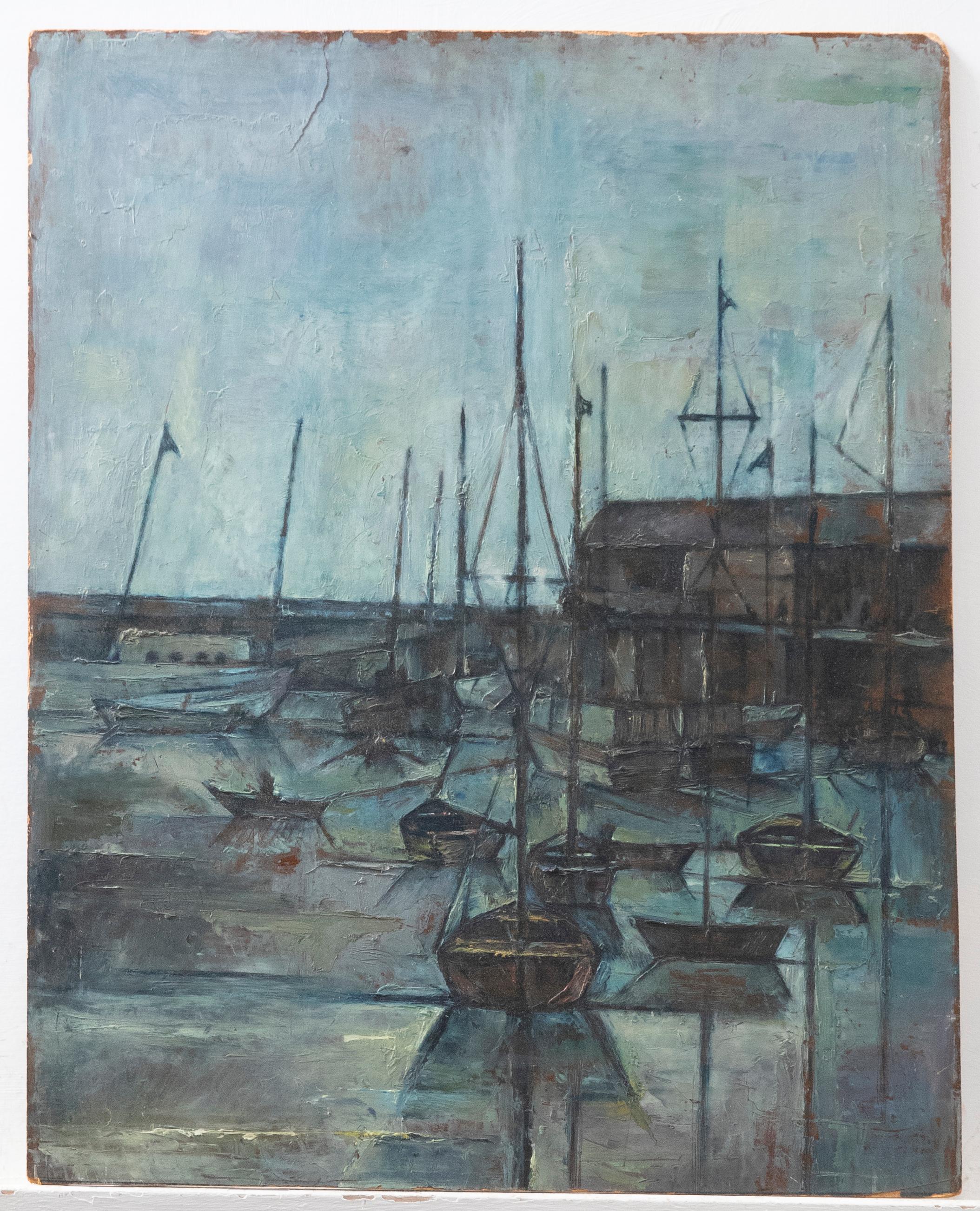 Huile du 20e siècle - The Harbour at Night - Painting de Unknown