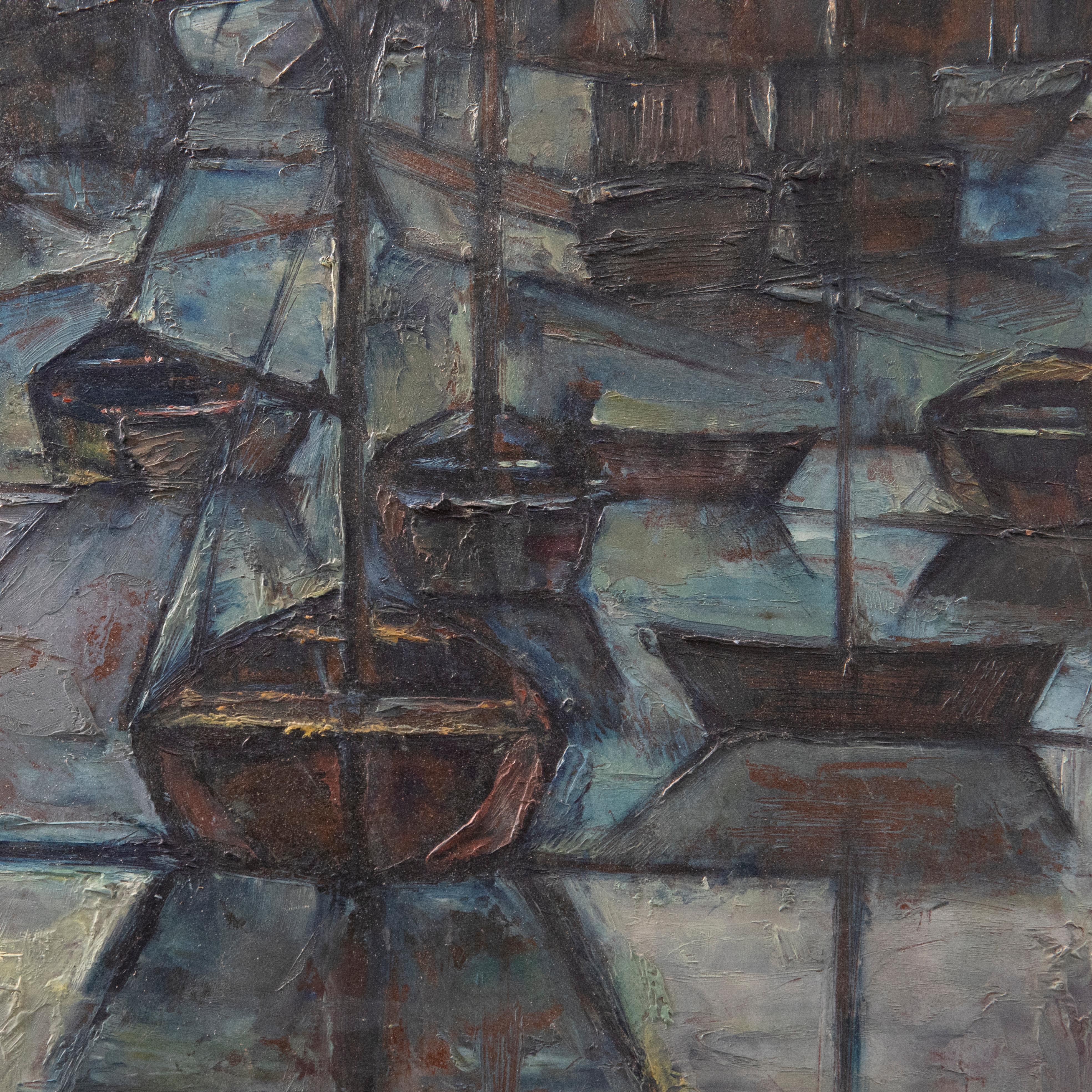 An atmospheric scene depicting a quiet harbour after dark. Moonlight reflects from the water casting a cool glow over the stationery boats that are captured in sharp, geometric lines. Unsigned. On board. 