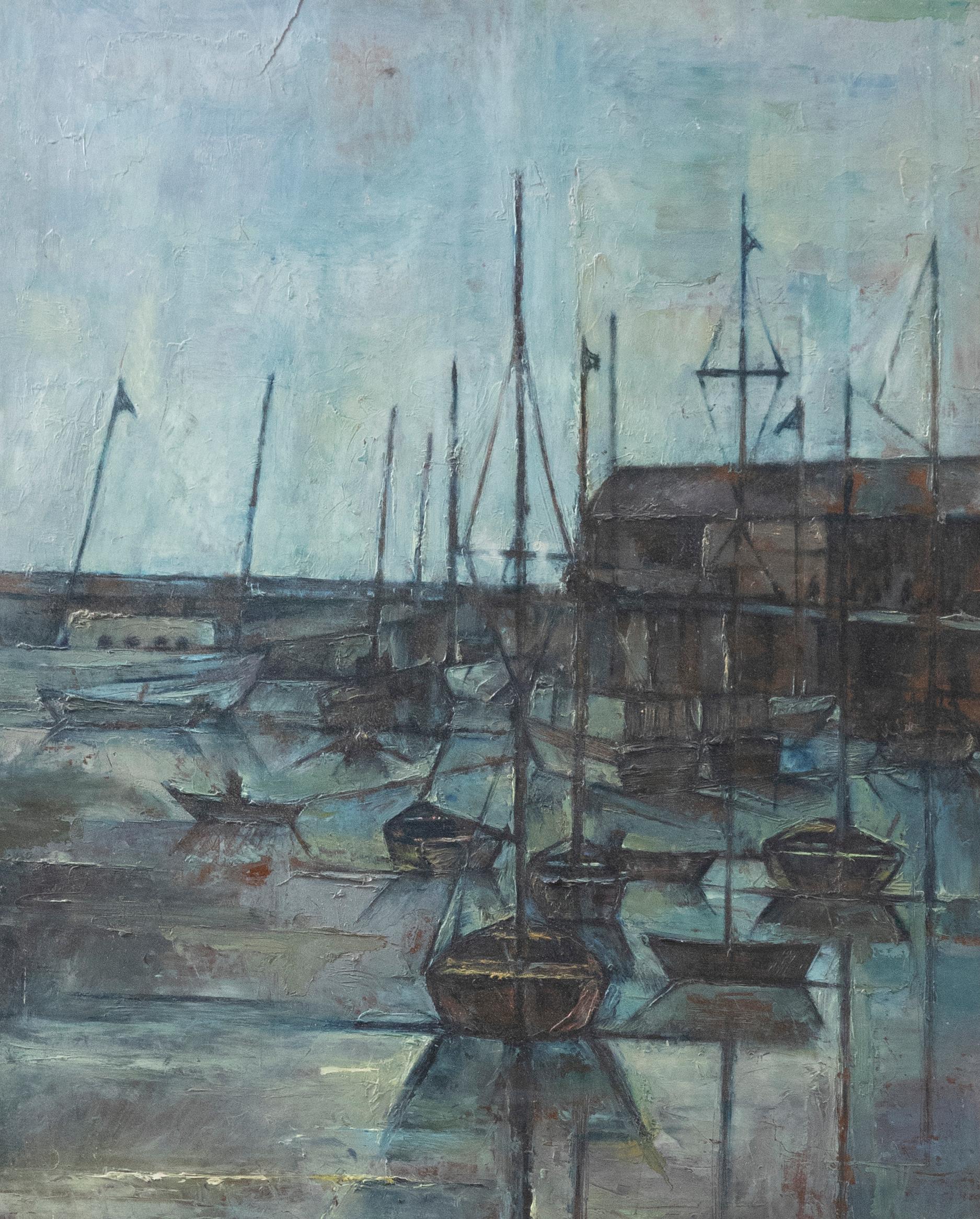 Unknown Figurative Painting - 20th Century Oil - The Harbour at Night