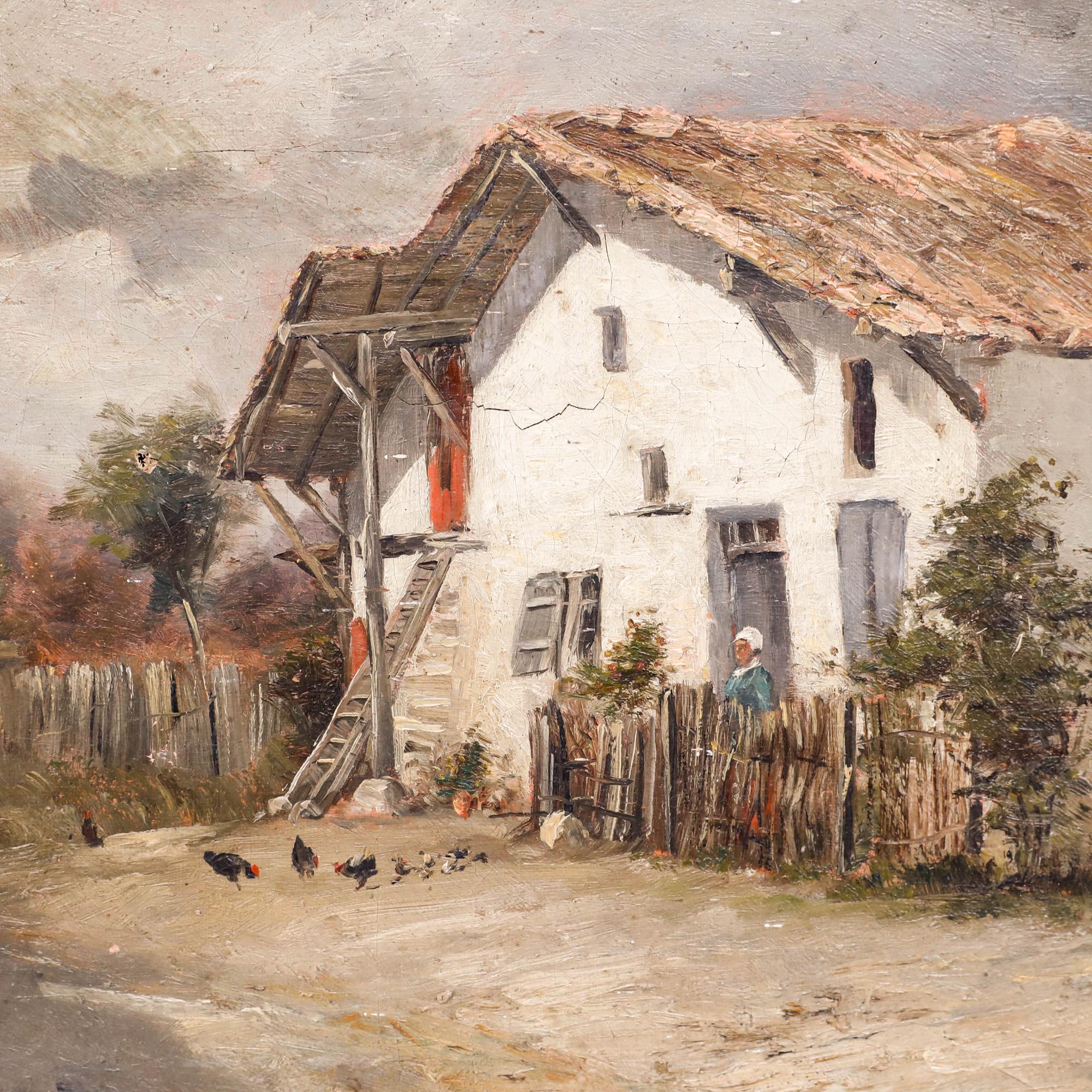 This charming oil painting depicts a rustic countryside scene featuring a whitewashed farmhouse, surrounded by a wooden fence and nestled among lush greenery. The artist has captured the peaceful, pastoral atmosphere through warm earth tones and