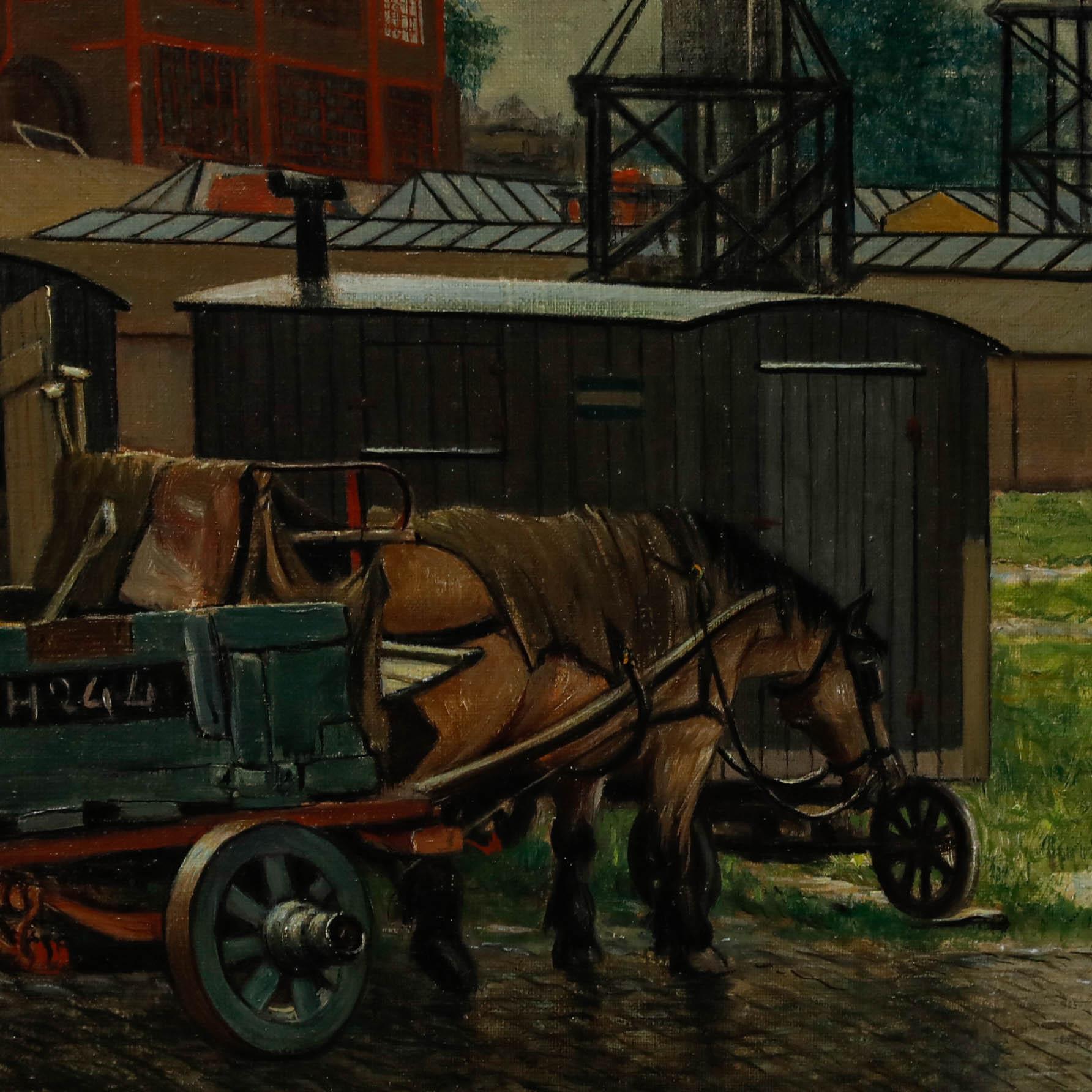 Scène de rue atmosphérique représentant un cheval de charrette attendant patiemment dans la rue pavée d'un site industriel. Non signée. Sur toile.