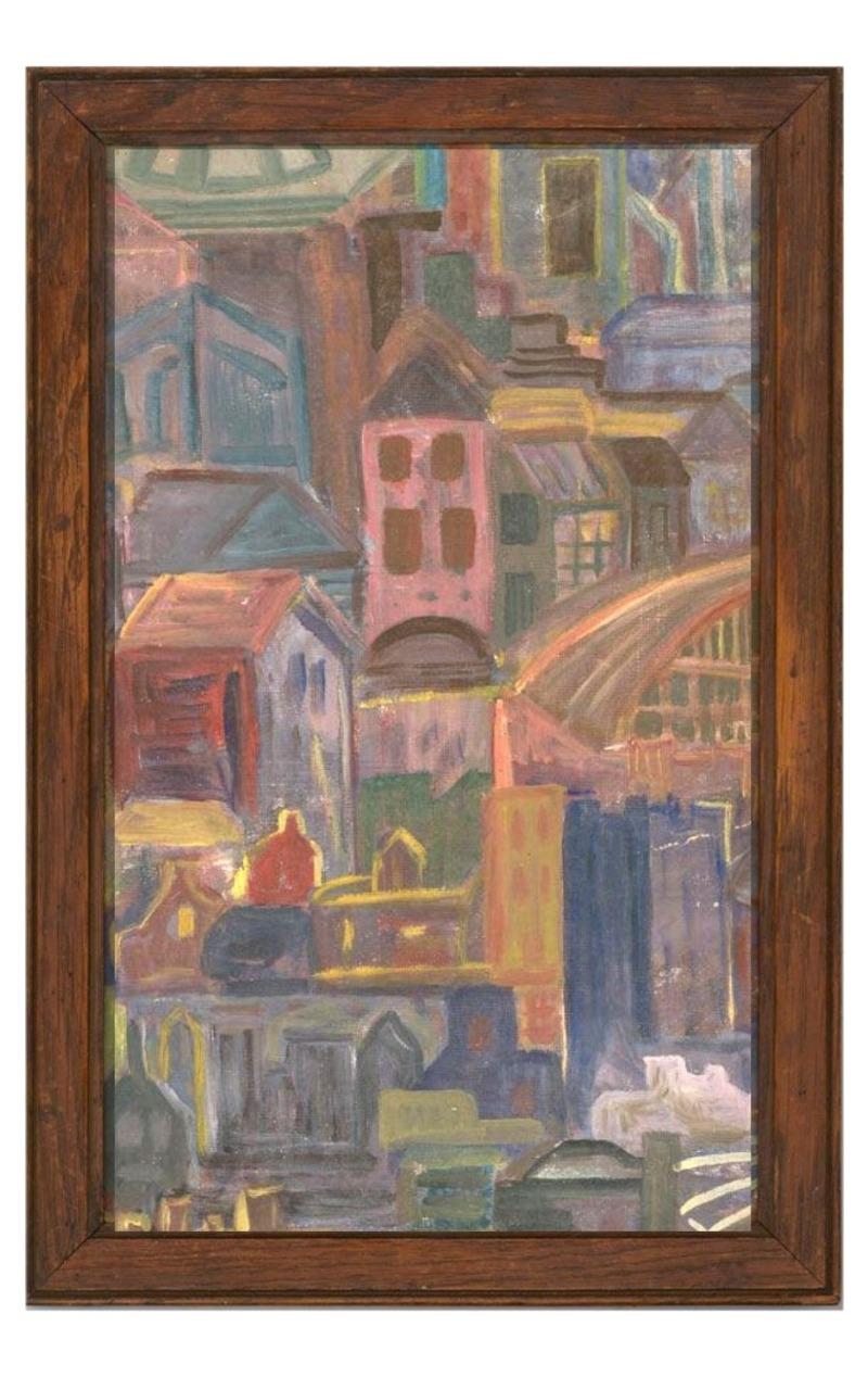 A charming and fun oil cityscape with a vibrant pink tower in the heart. The painting is unsigned and presented in a 20th Century oak frame. On canvas board.
