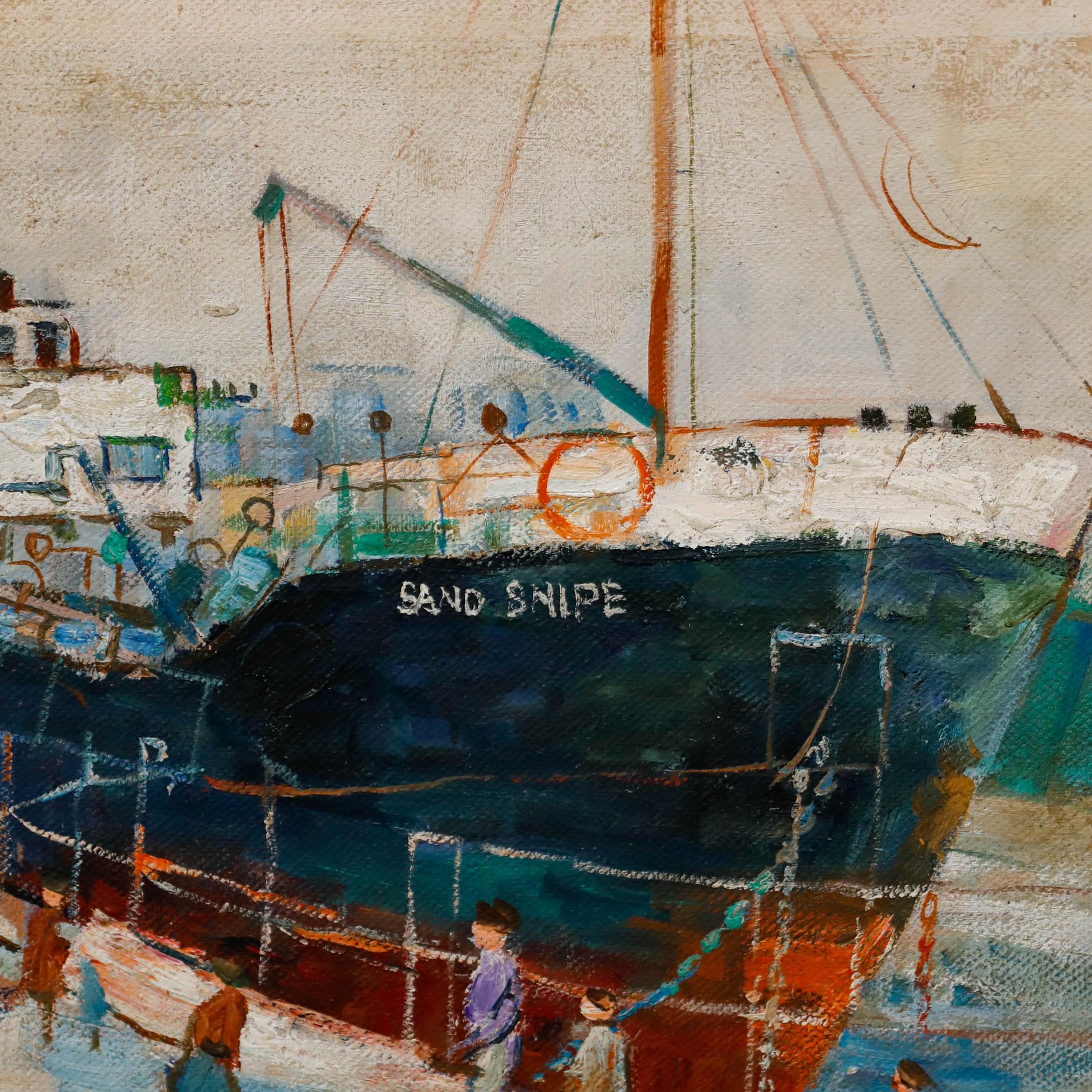 Questo vivace dipinto a olio cattura l'atmosfera vivace di un porto affollato, con una grande nave chiamata 