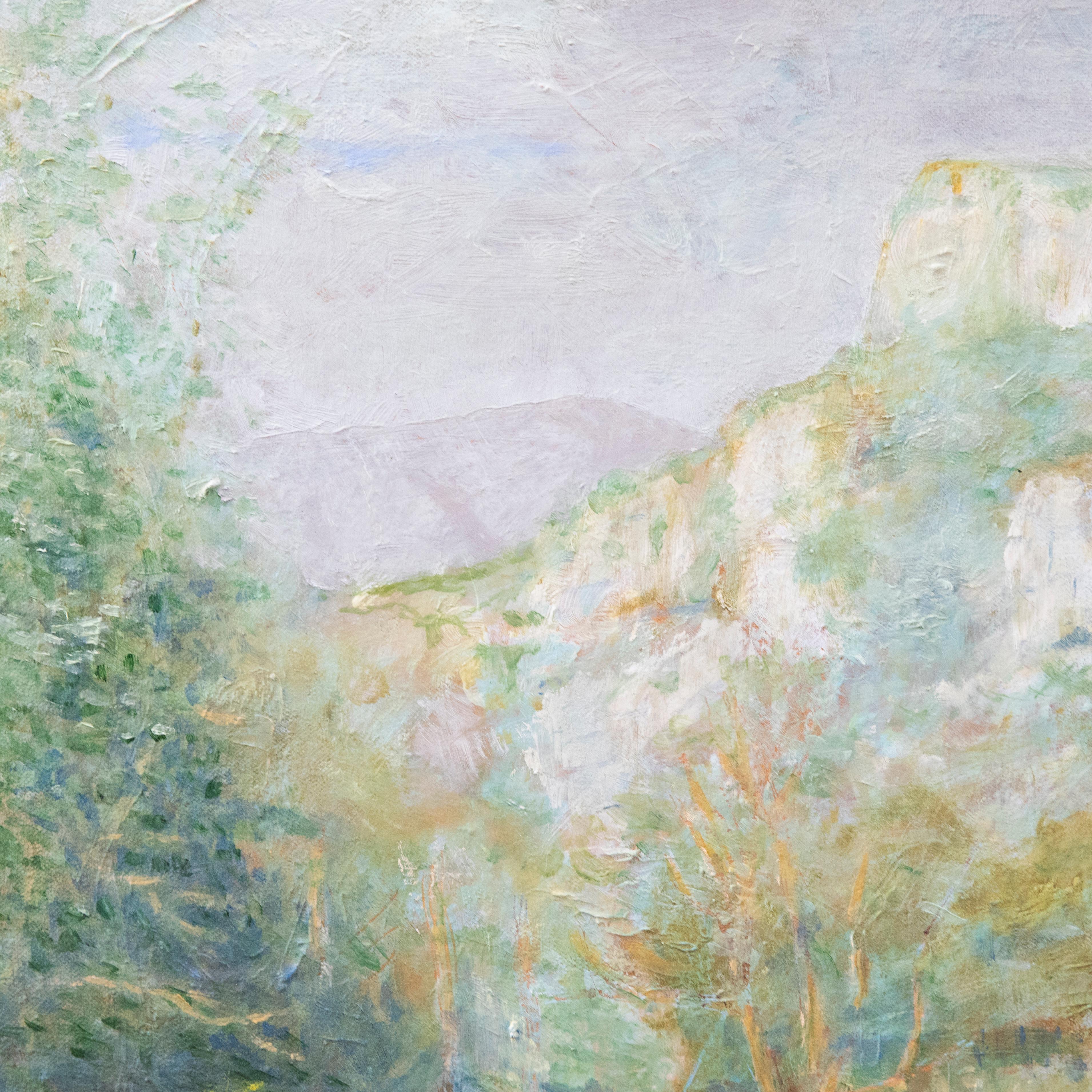A charming oil study of a valley running through a mountainous landscape in an impressionist style. Unsigned. On canvas.

