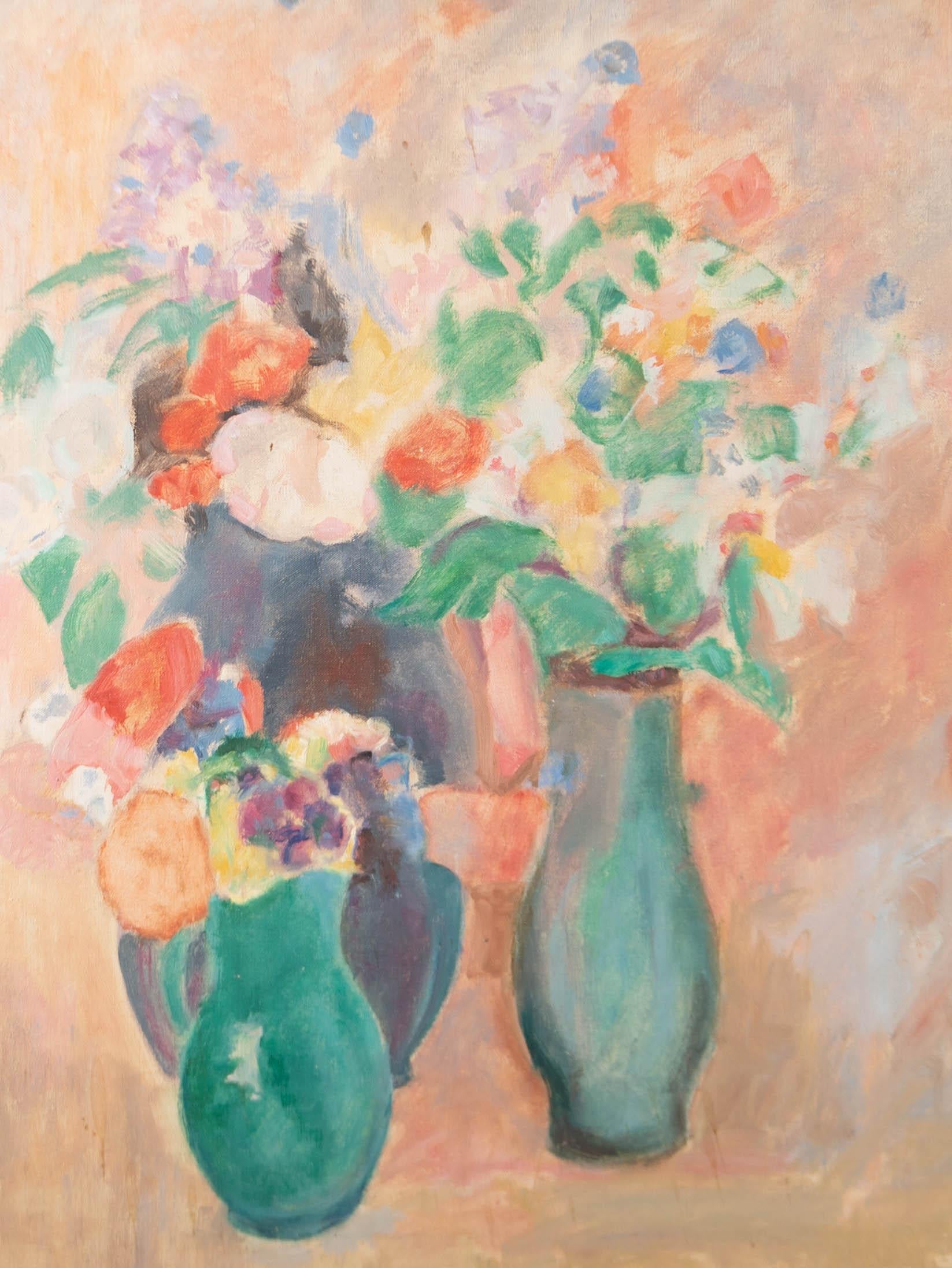 20th Century Oil - Three Flower Vases - Painting by Unknown
