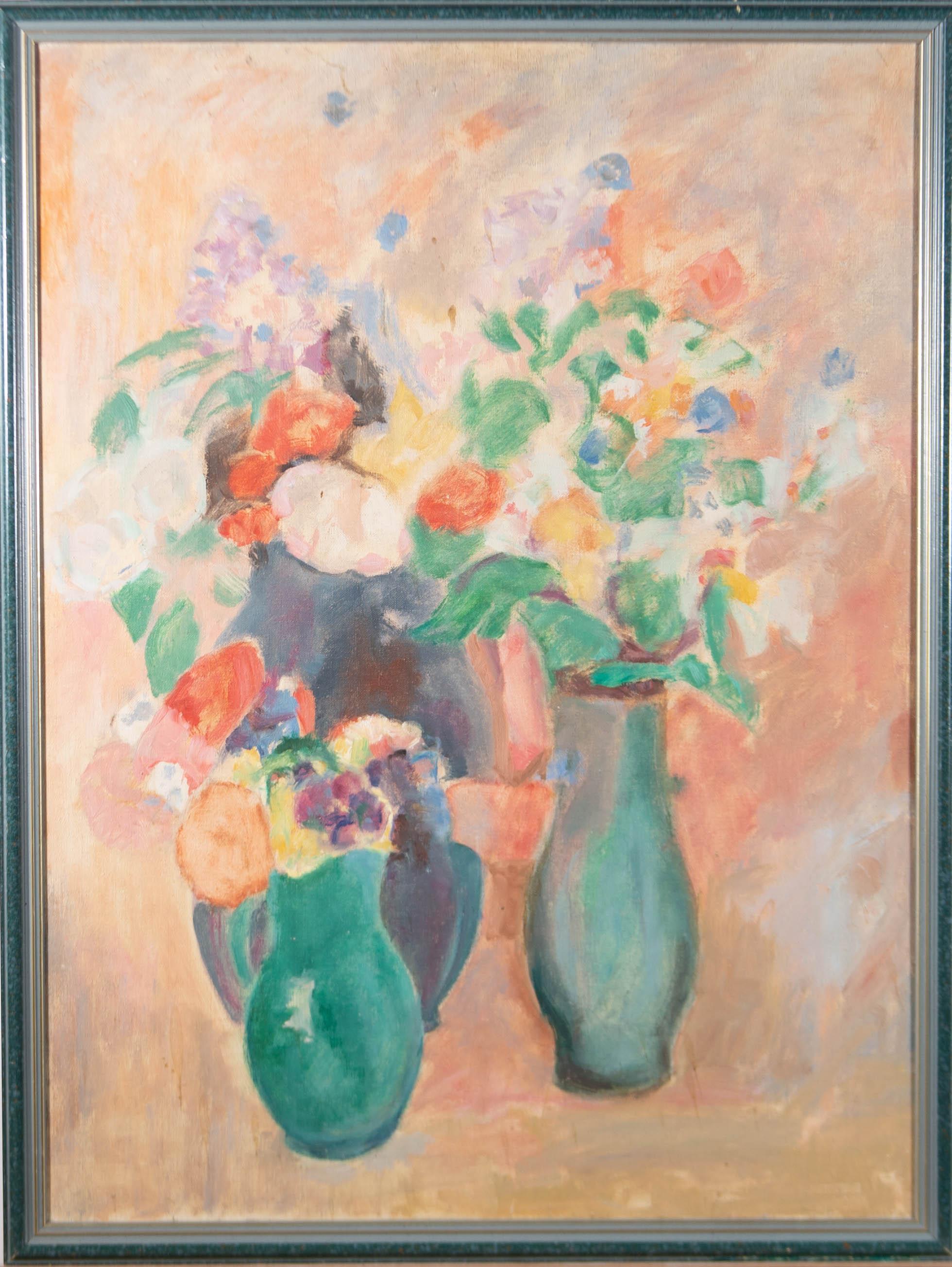 Still-Life Painting Unknown - Huile du XXe siècle - Trois vases à fleurs