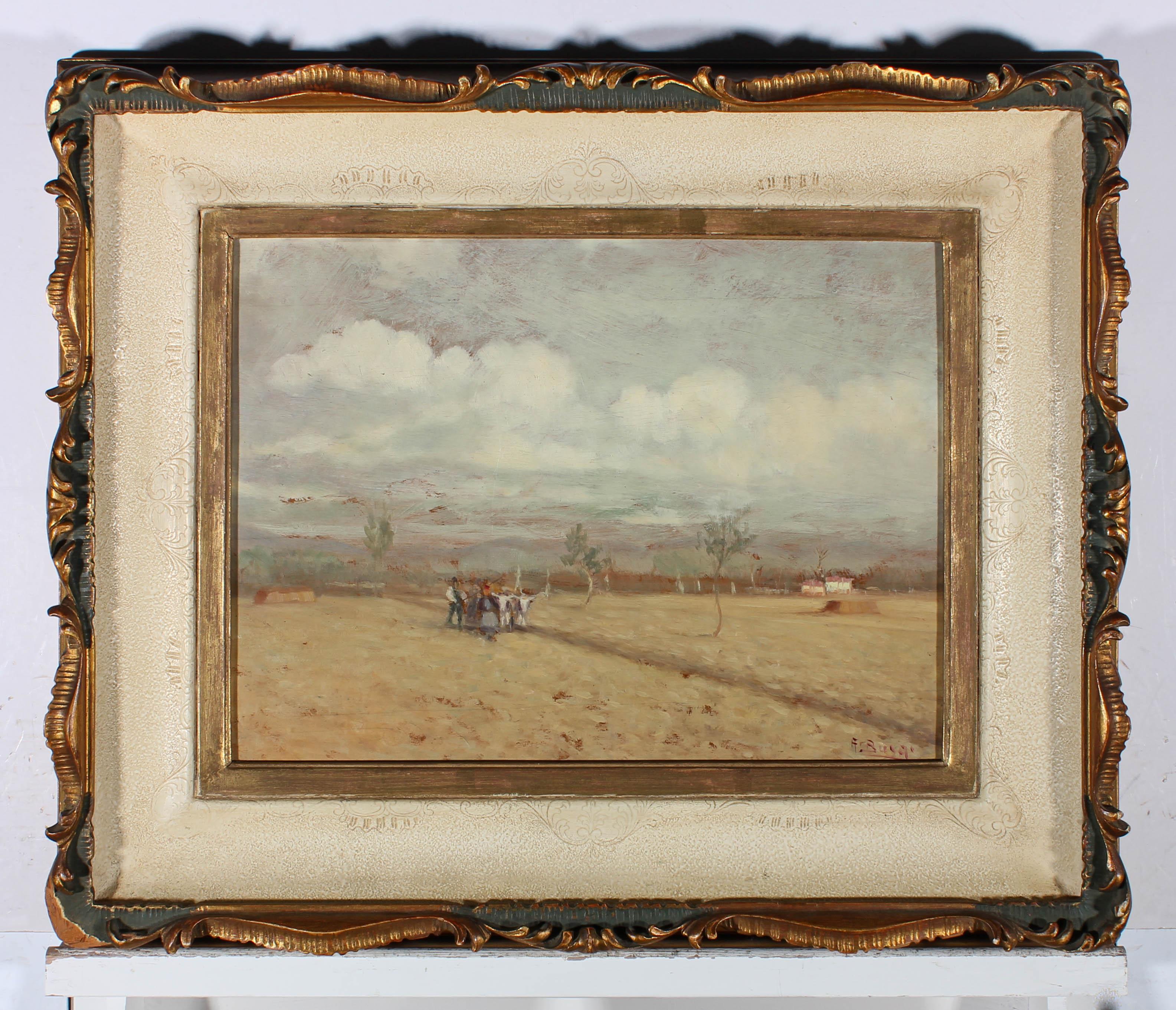 A fine impressionistic oil from the 20th Century showing a farmer tilling a field with a cart pulled by two ox. The artist has signed illegibly (possibly A. Busgi) and the painting has been presented in a fine Italianate carved wood frame with swept