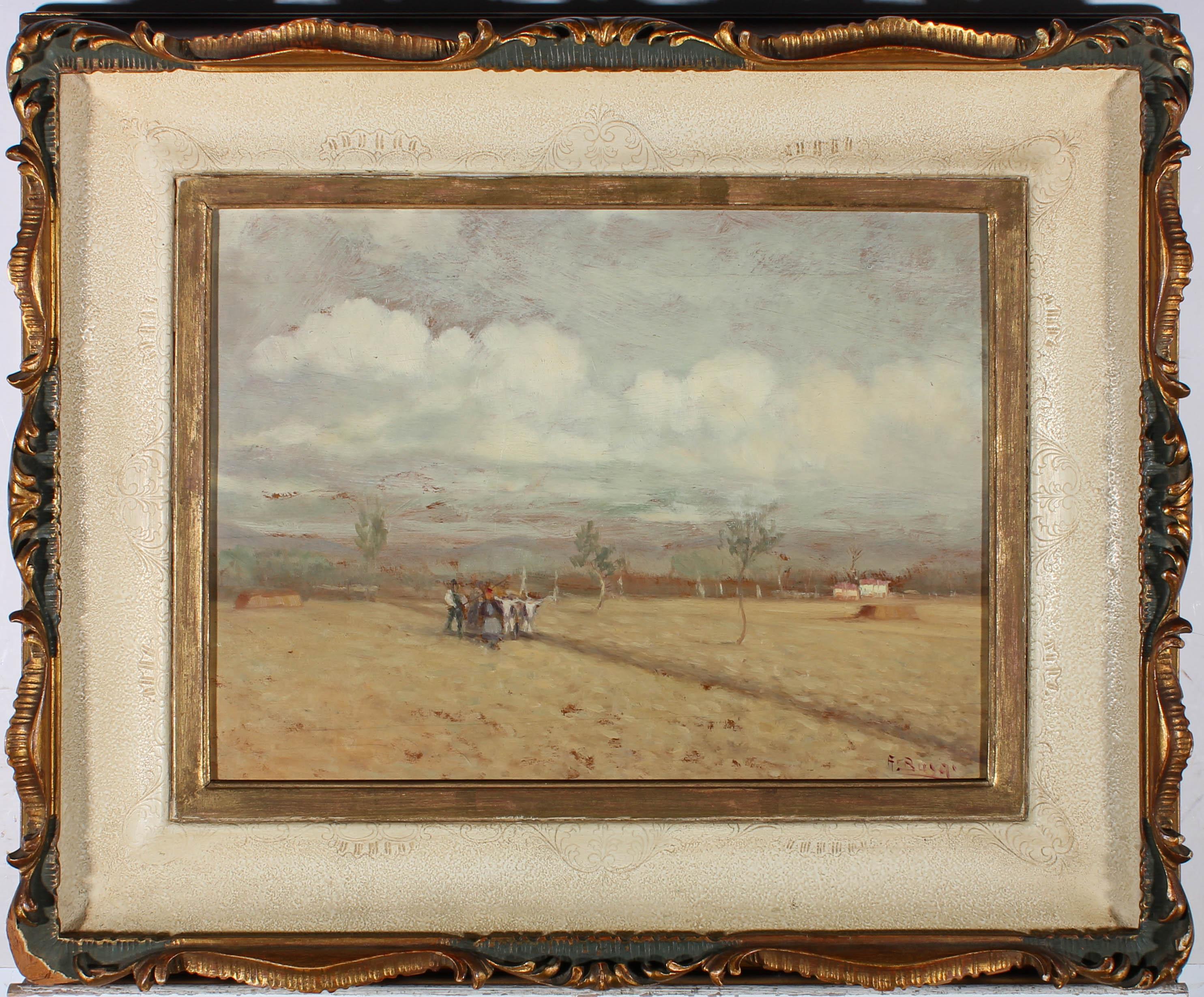 Unknown Landscape Painting - 20th Century Oil - Tilling The Field