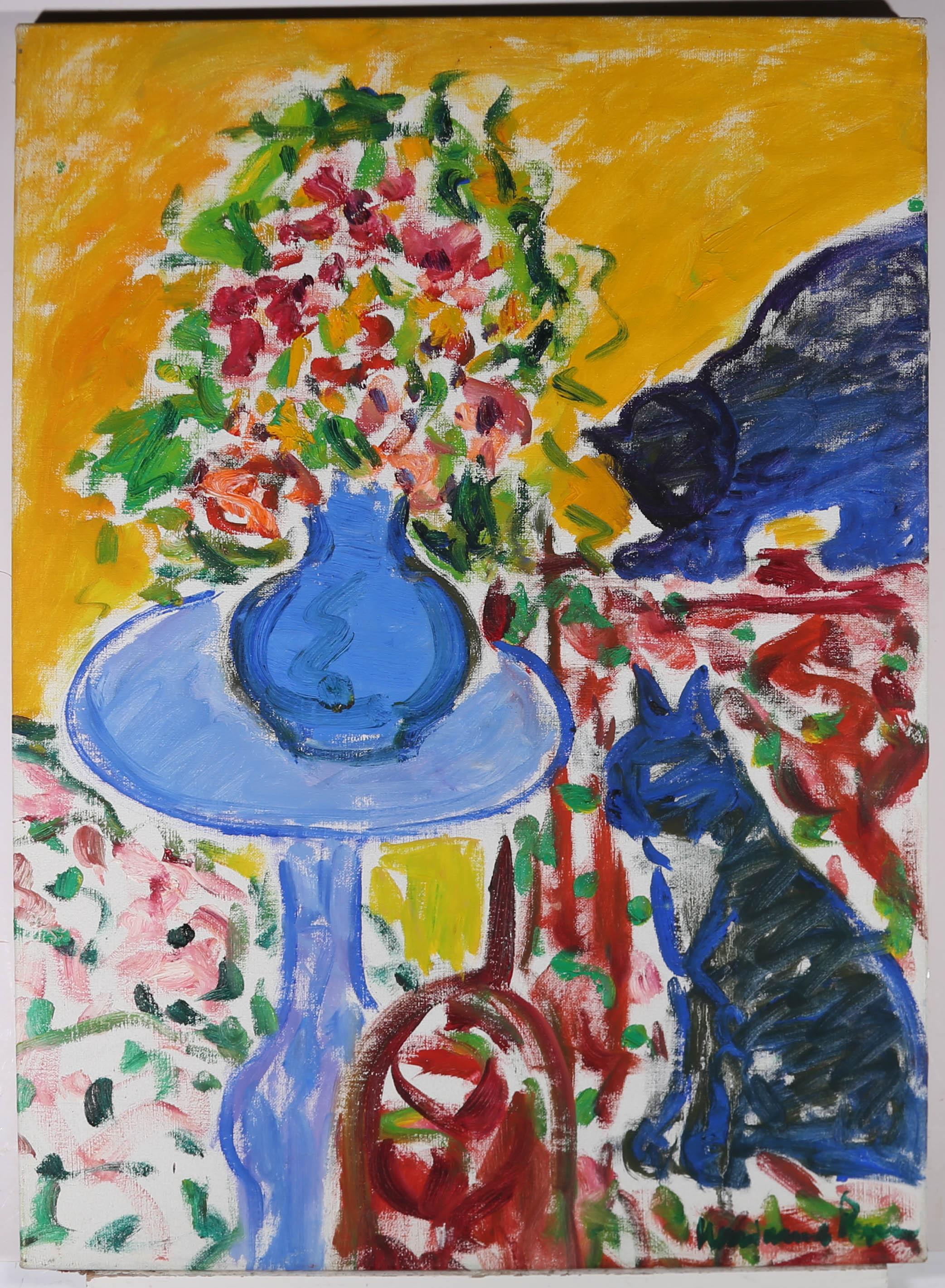20th Century Oil - Two Blue Cats - Painting by Unknown