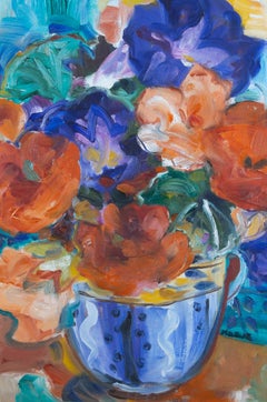 Huile du 20e siècle - Fleurs vibrantes dans un vase bleu et blanc